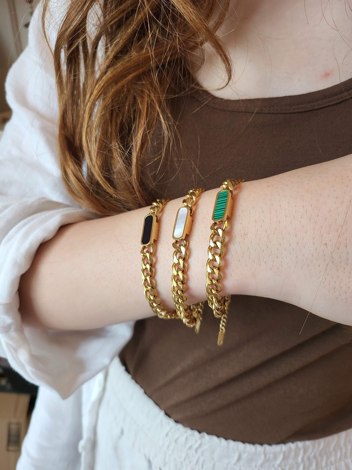 Gold Filled Green Tiger Eye,Black Cat's Eye Scopolite Cuban Chain Bracelet ,WATERPROOF, Non Tarnish.