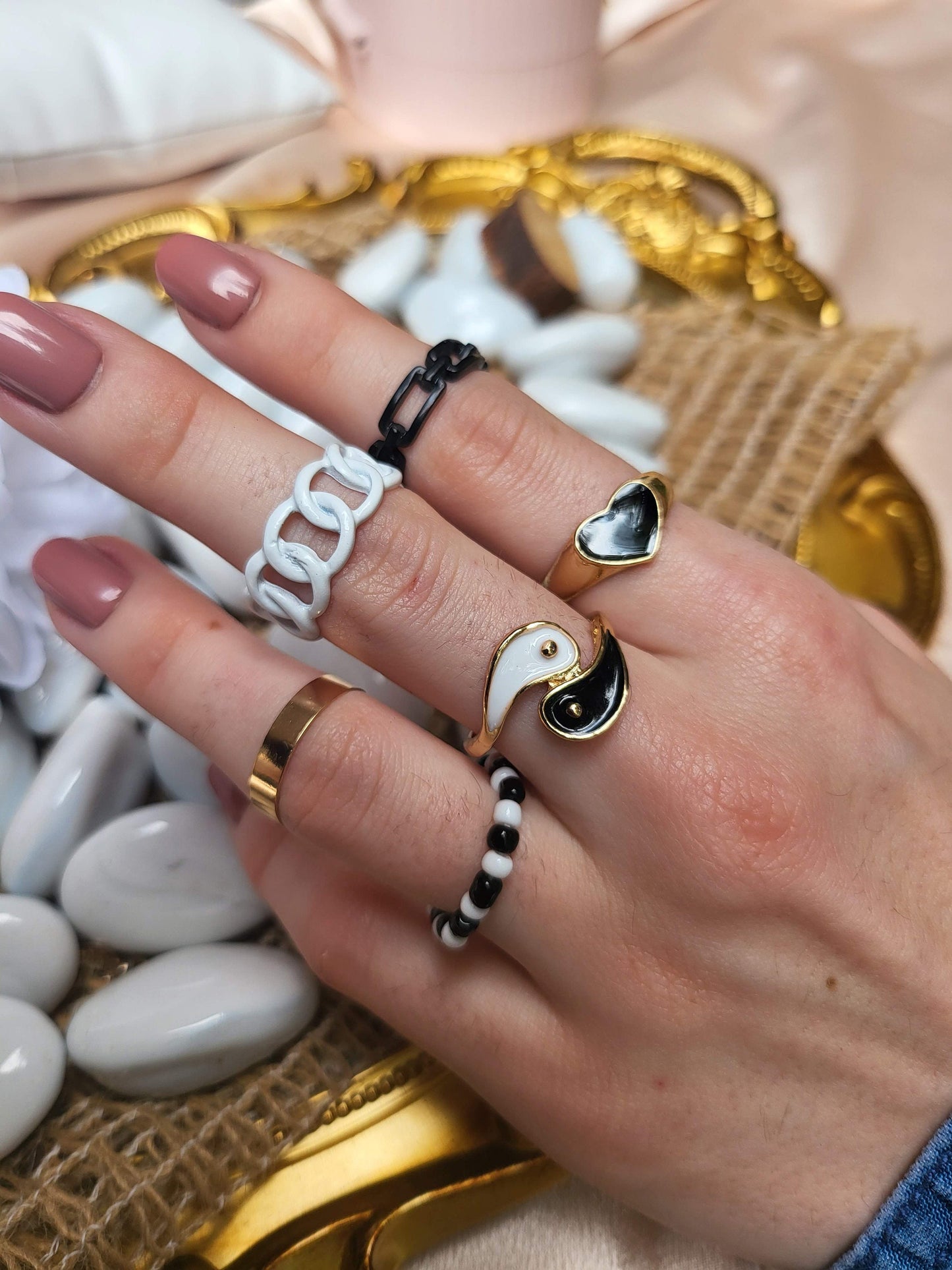 Gold Black and White Ring Set , Waterproof , High Quality Gift.