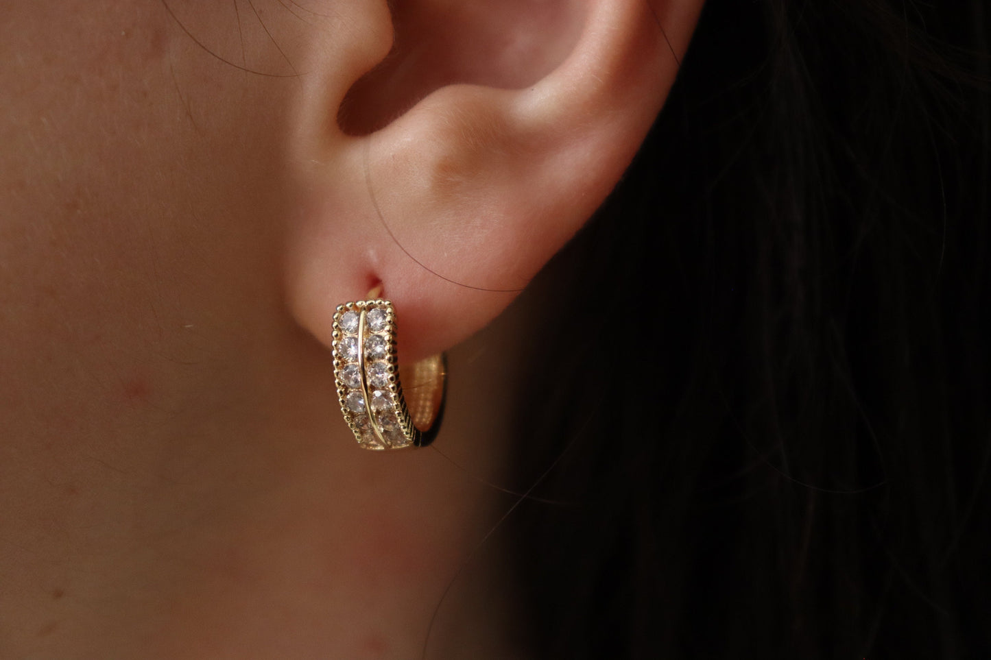 Gold Filled Hoop Double CZ Earrings ,Minimalist Jewelry, Birthday Gift.