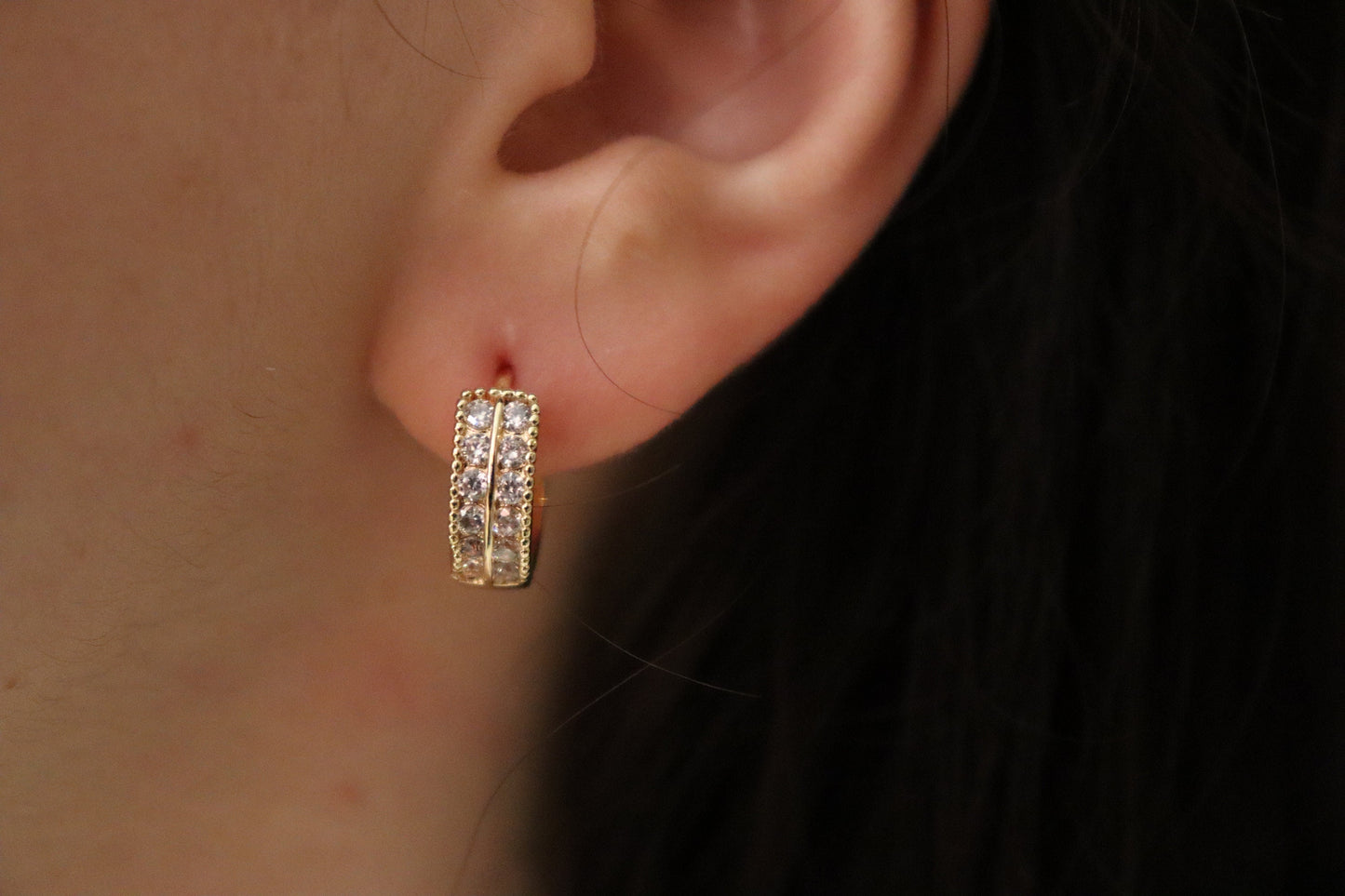 Gold Filled Hoop Double CZ Earrings ,Minimalist Jewelry, Birthday Gift.