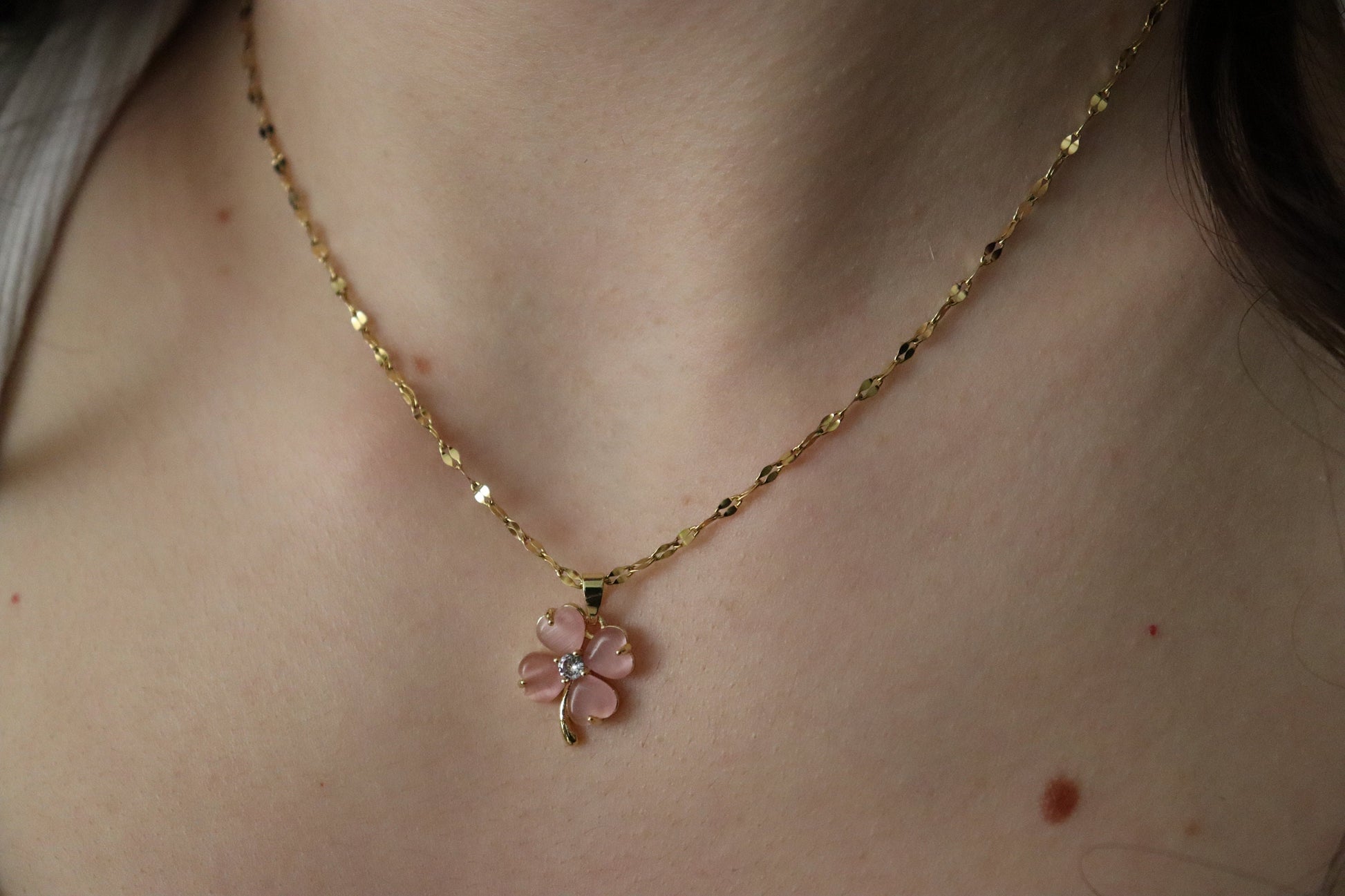 Gold Filled Clover Natural Jade Necklace, WATERPROOF Adjustable Chains.