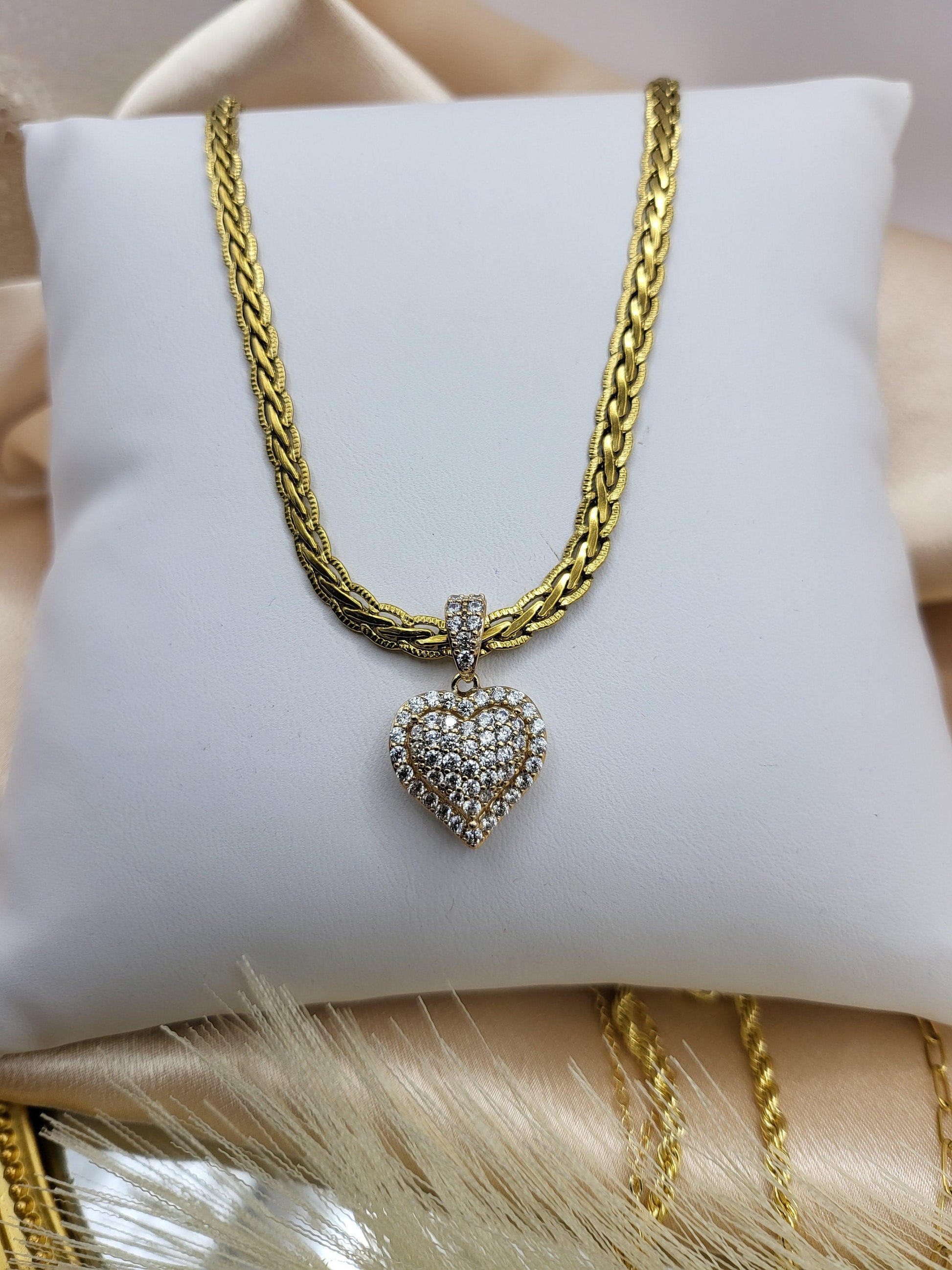 Gold CZ Heart Necklace , WATERPROOF Adjustable Chains.