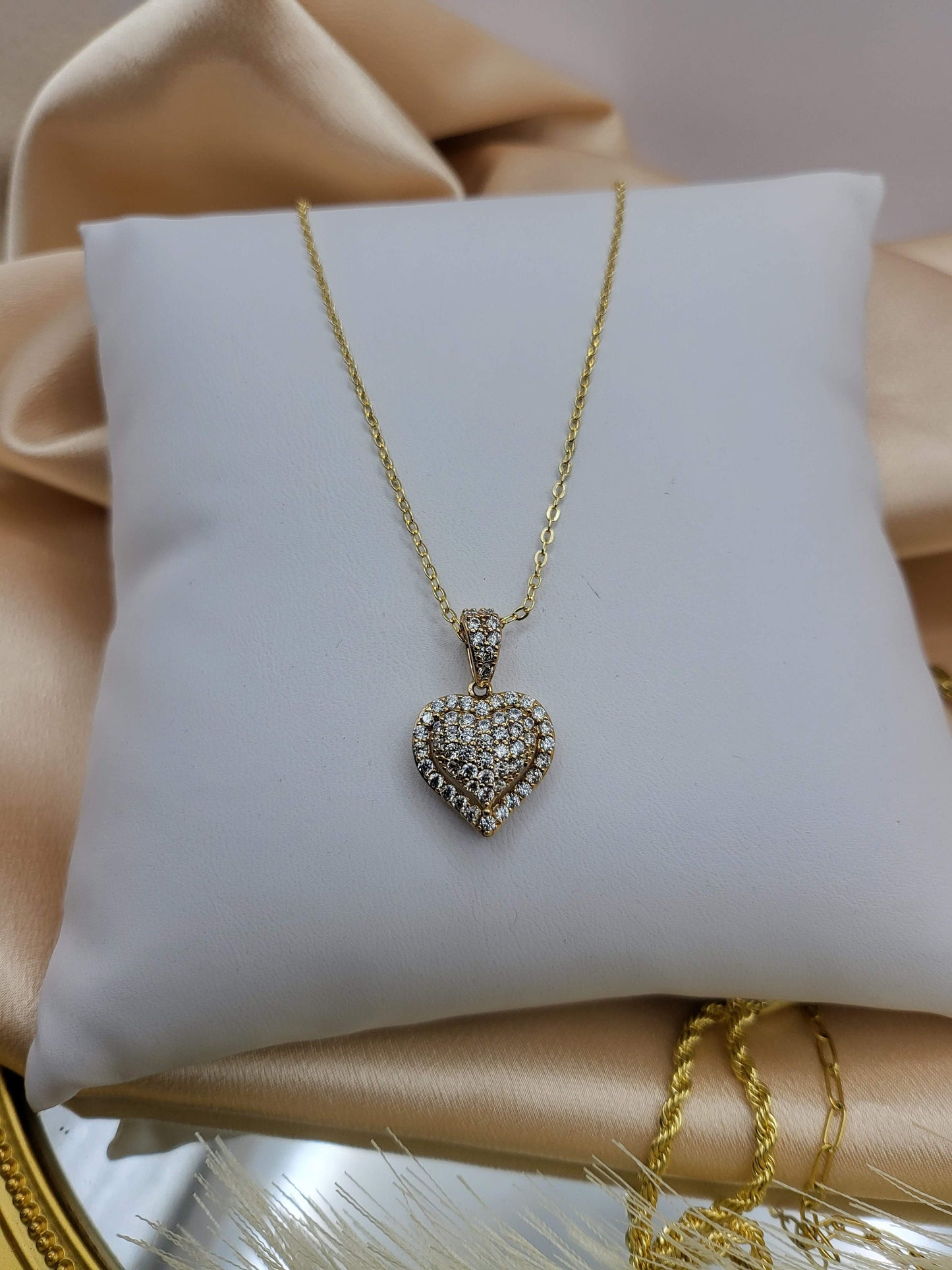 Gold CZ Heart Necklace , WATERPROOF Adjustable Chains.