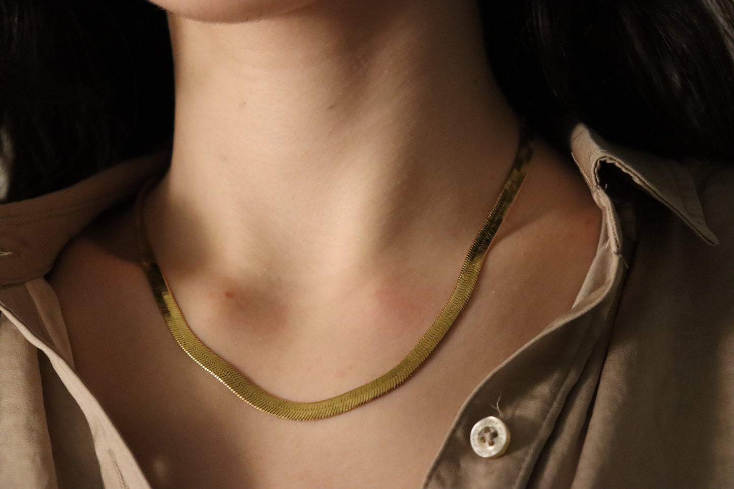 Gold Link Necklace,Pearl Choker,Herringbone Chain, WATERPROOF Adjustable Chains.