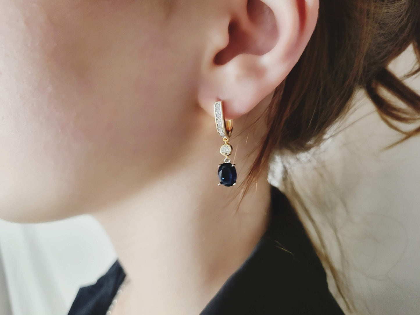 Gold Filled Midnight Blue Zircon Earrings, Anniversary Gift.