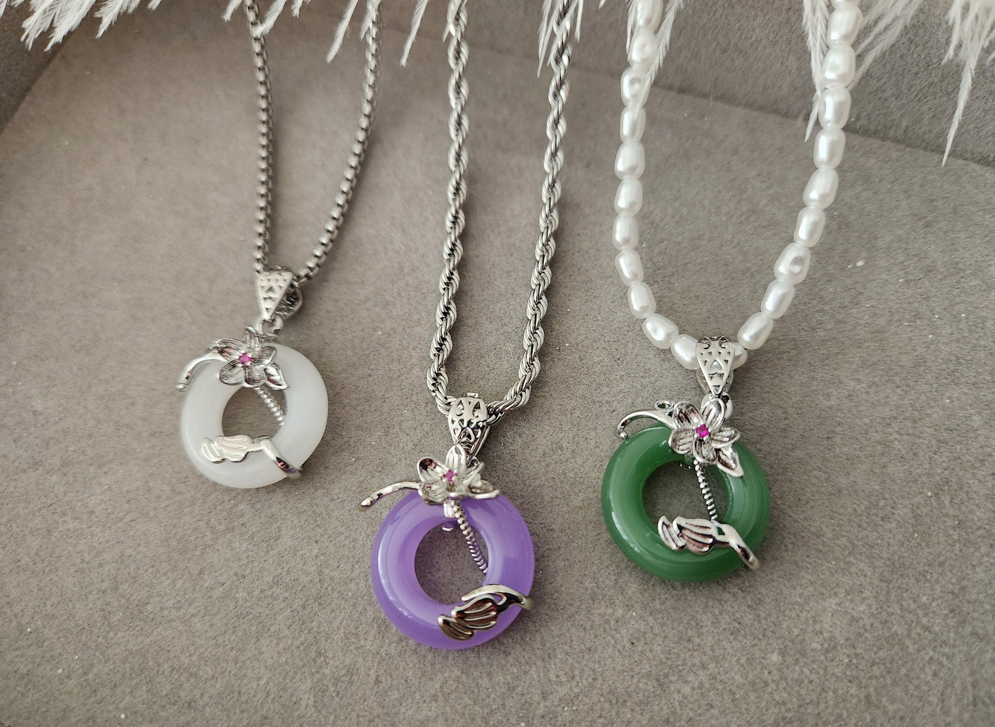 Silver Natural Circle Flower Jade Necklace, WATERPROOF Adjustable Chains.