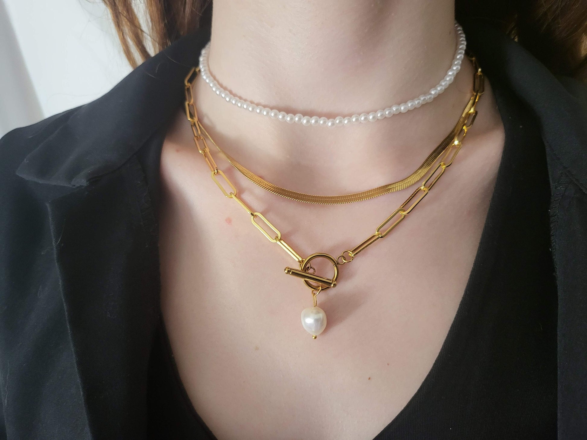 Gold Link Necklace,Pearl Choker,Herringbone Chain, WATERPROOF Adjustable Chains.