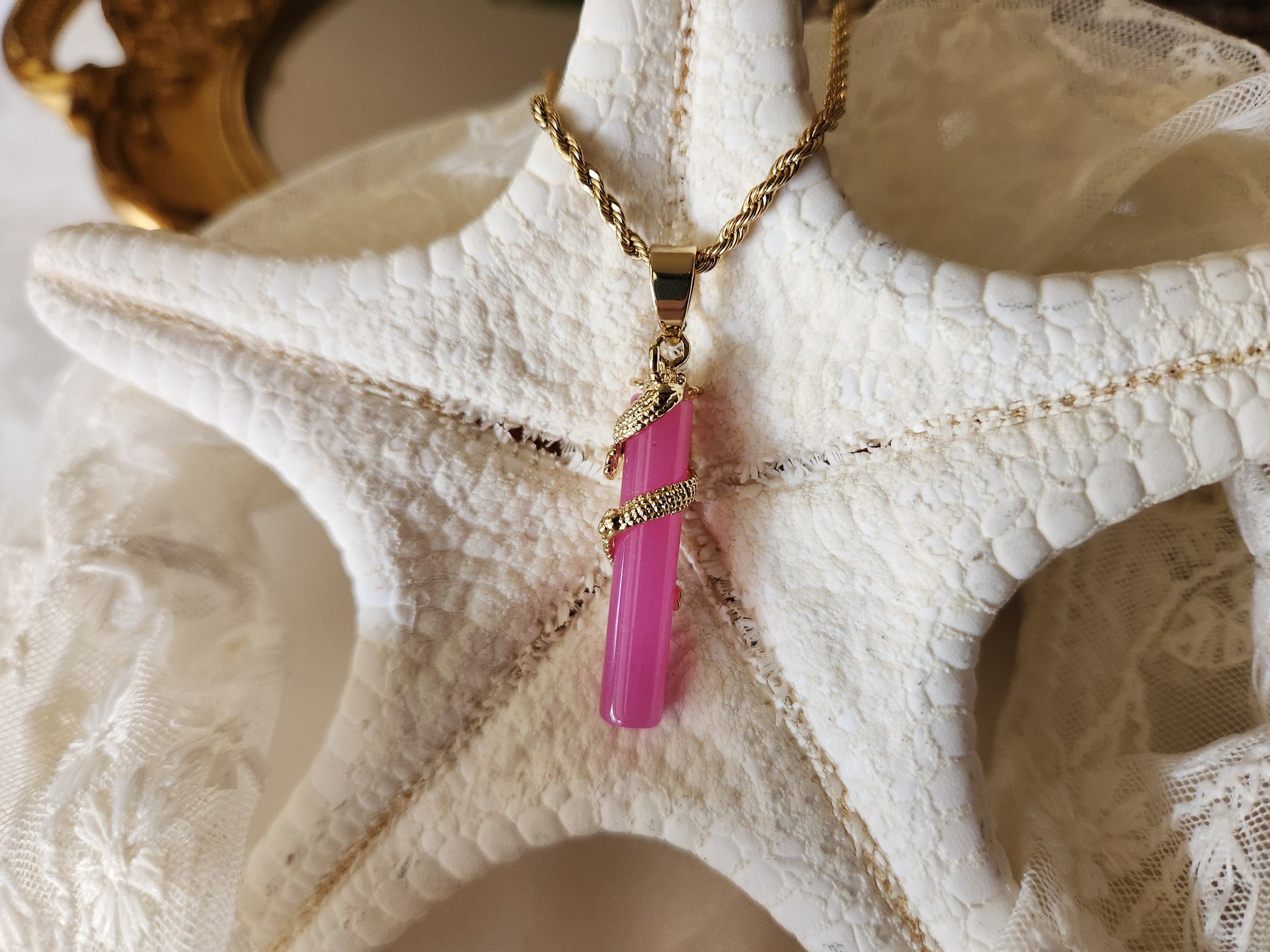 Gold Dark Pink Jade Necklace,Good Luck And Peace Pendant, WATERPROOF Adjustable Chains.