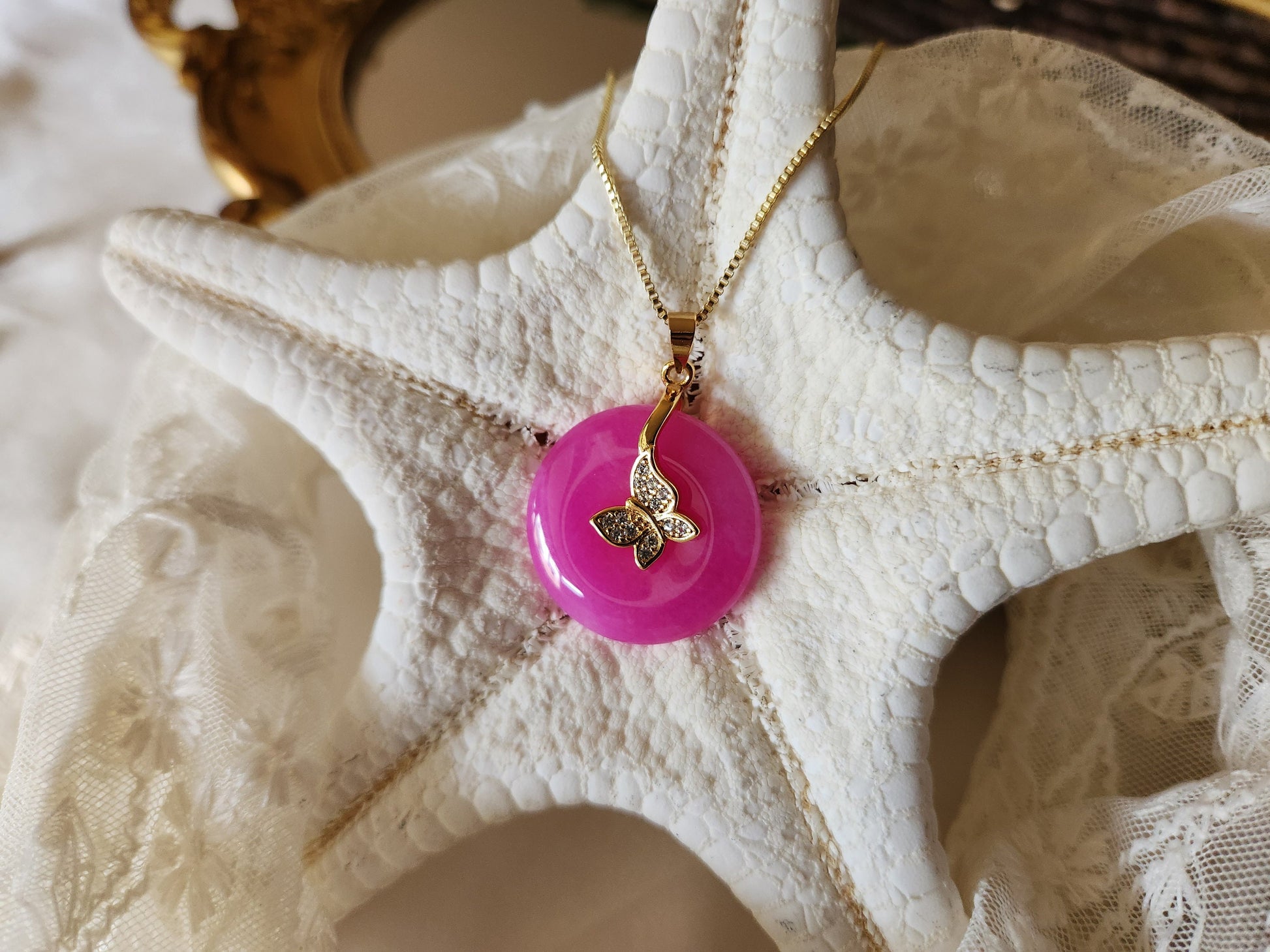 Gold Dark Pink Jade Necklace,Good Luck And Peace Pendant, WATERPROOF Adjustable Chains.