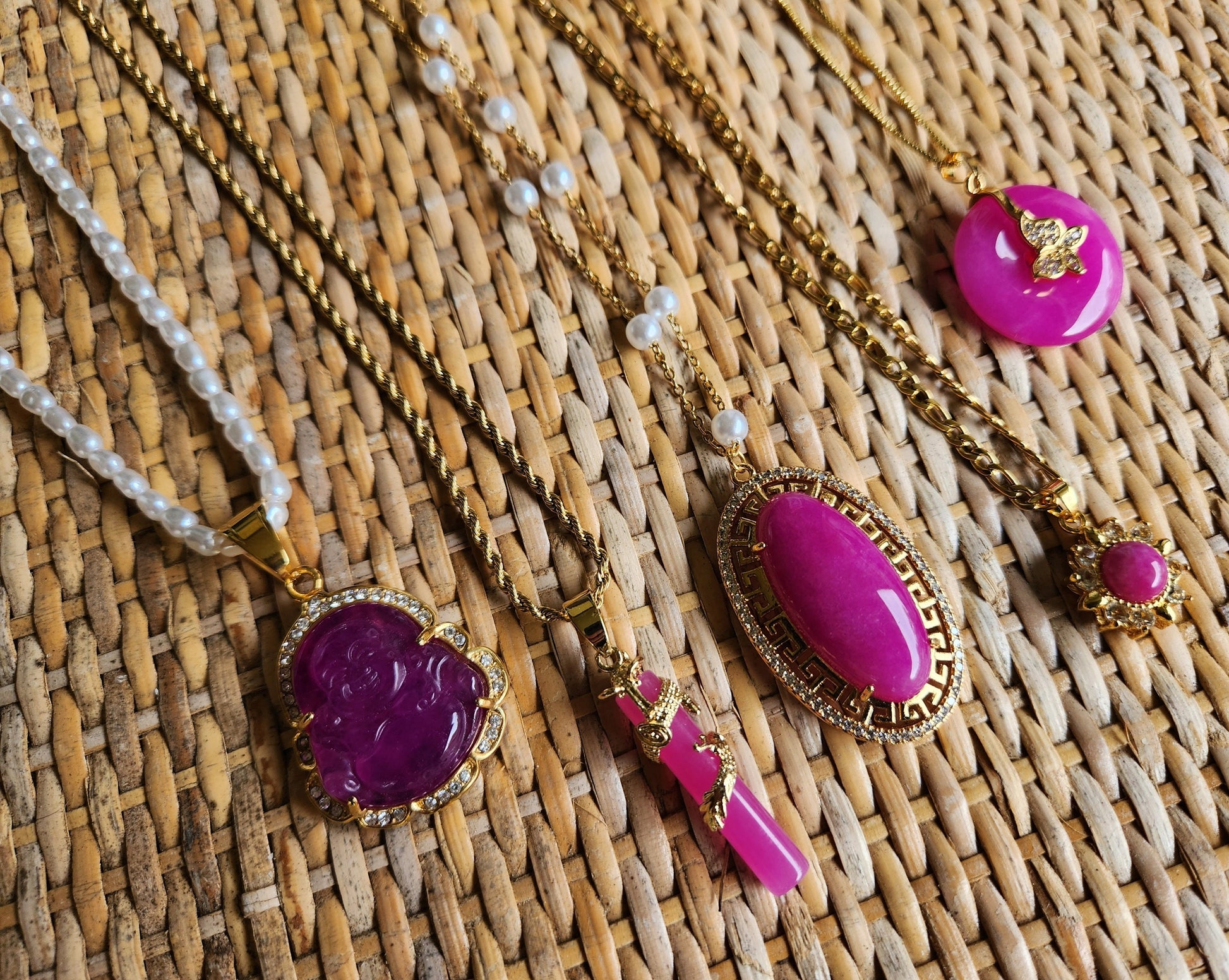 Gold Dark Pink Jade Necklace,Good Luck And Peace Pendant, WATERPROOF Adjustable Chains.