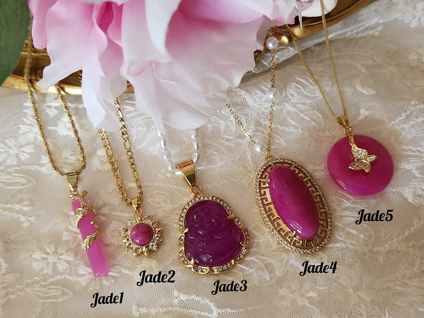 Gold Dark Pink Jade Necklace,Good Luck And Peace Pendant, WATERPROOF Adjustable Chains.