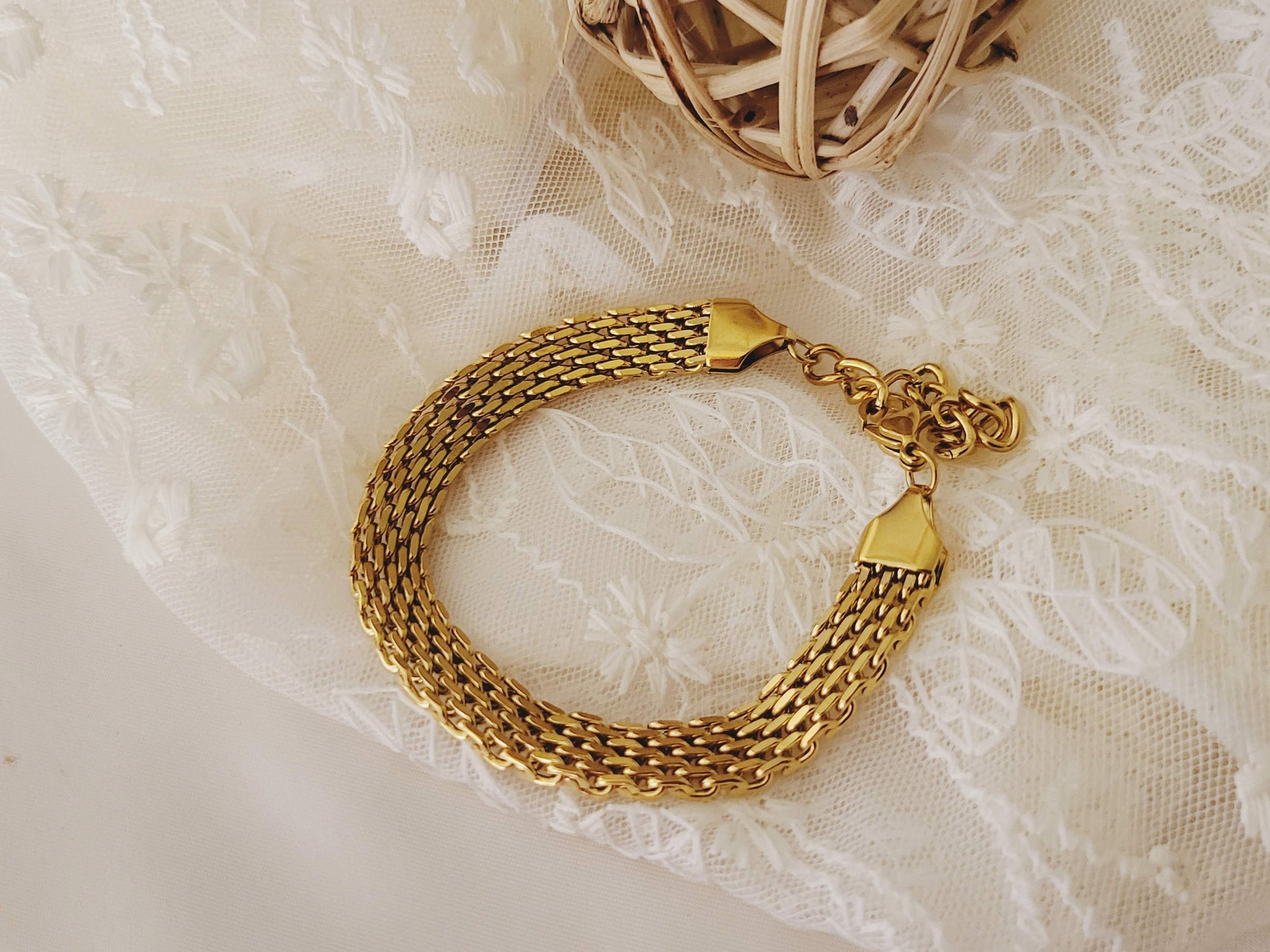 Gold Mesh Necklace, Non Tarnish Bracelet, WATERPROOF.