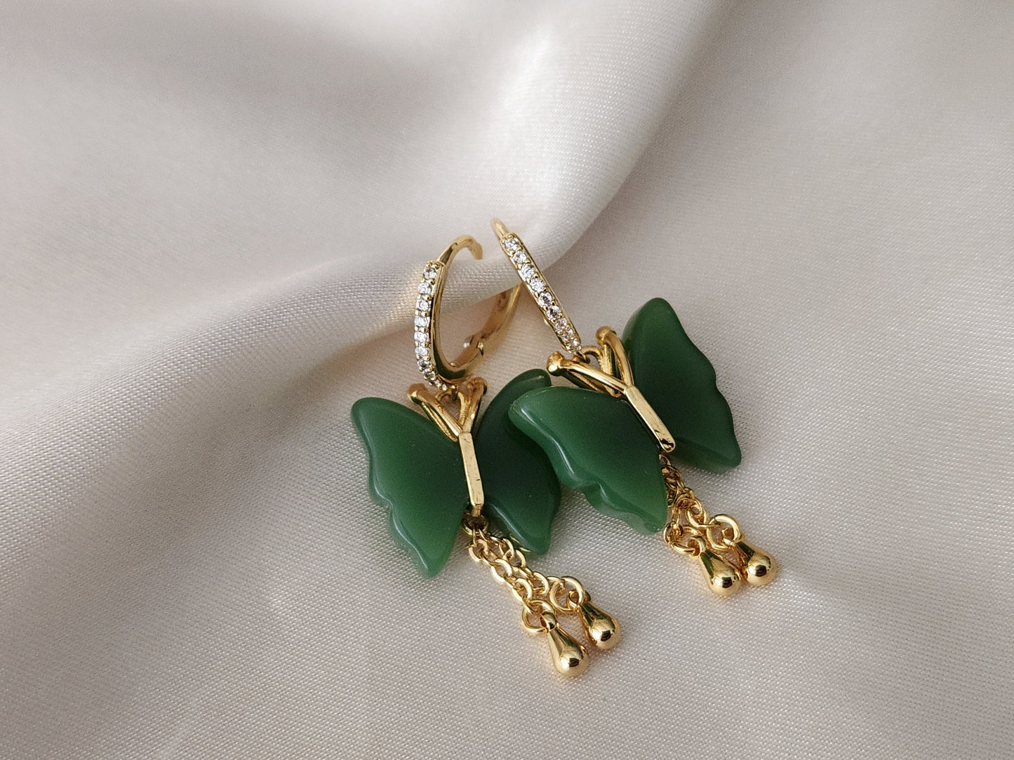 Gold Filled Butterfly Jade Earrings, WATERPROOF Jade Necklace, Gifts for Her.