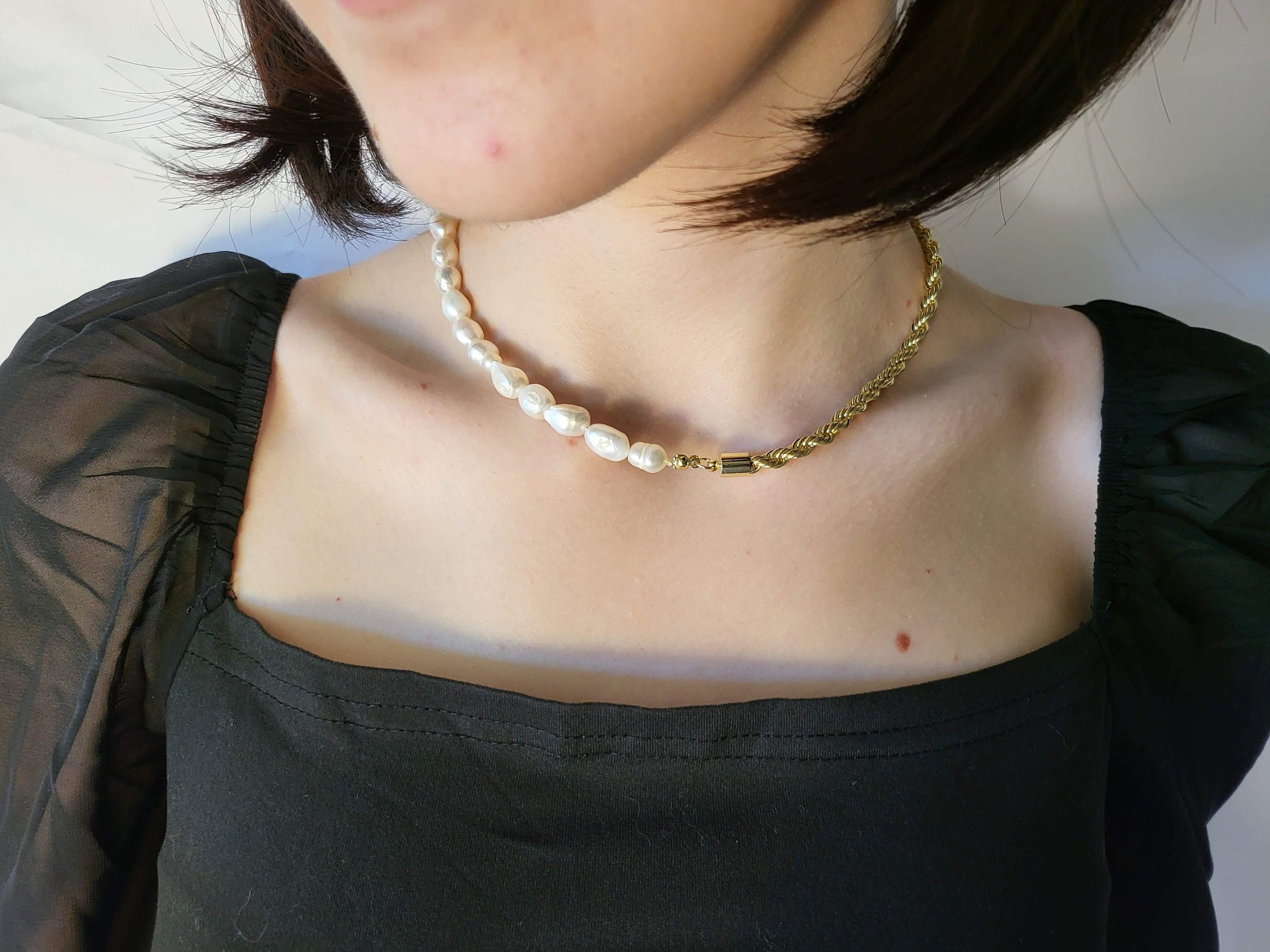 14K Gold Rope -Freshwater Real Pearl Necklace, WATERPROOF, Wedding Necklace.