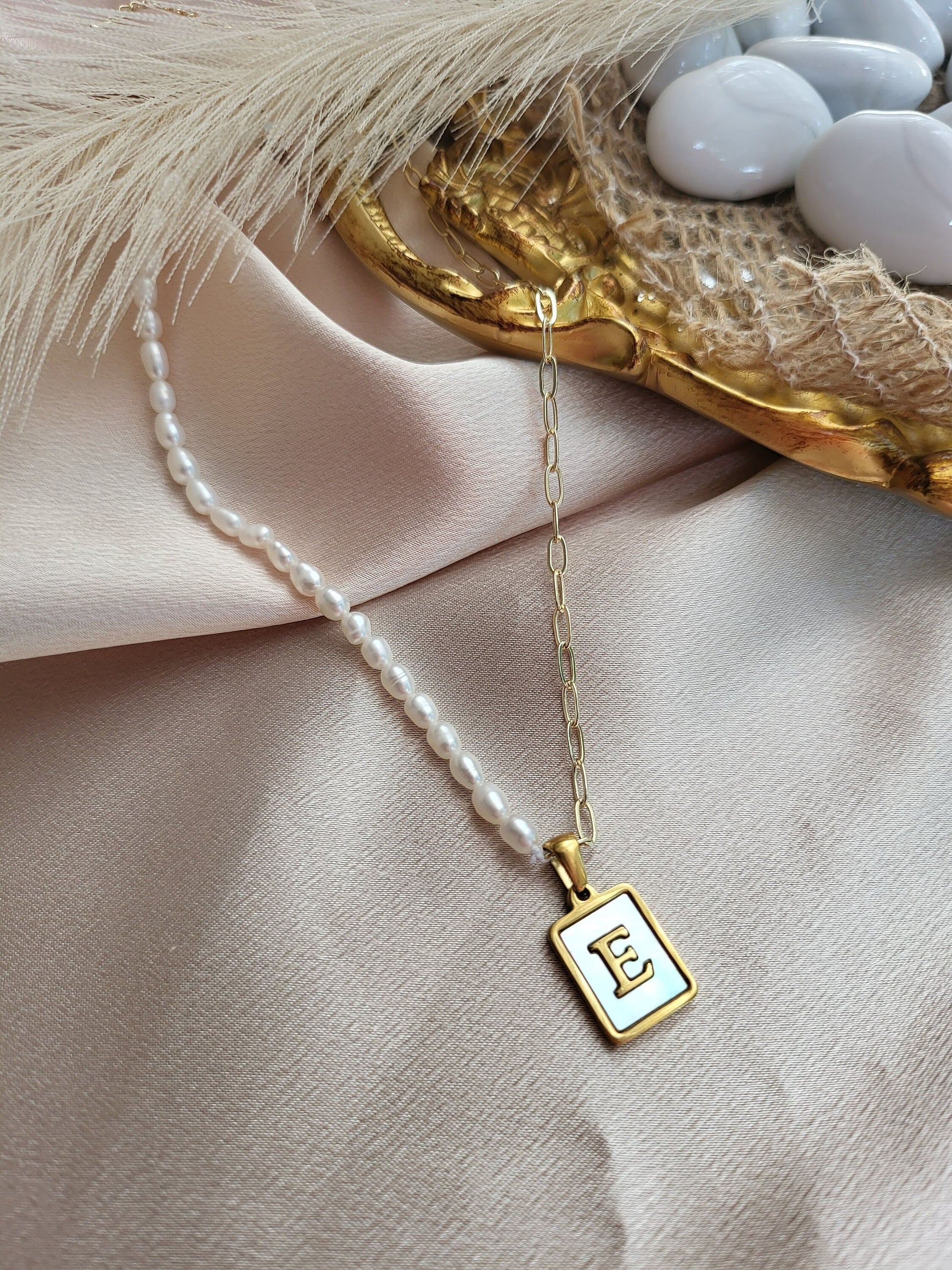 Gold Filled Tiny Link Real Pearl Initial Necklace, WATERPROOF, Gift For Her.