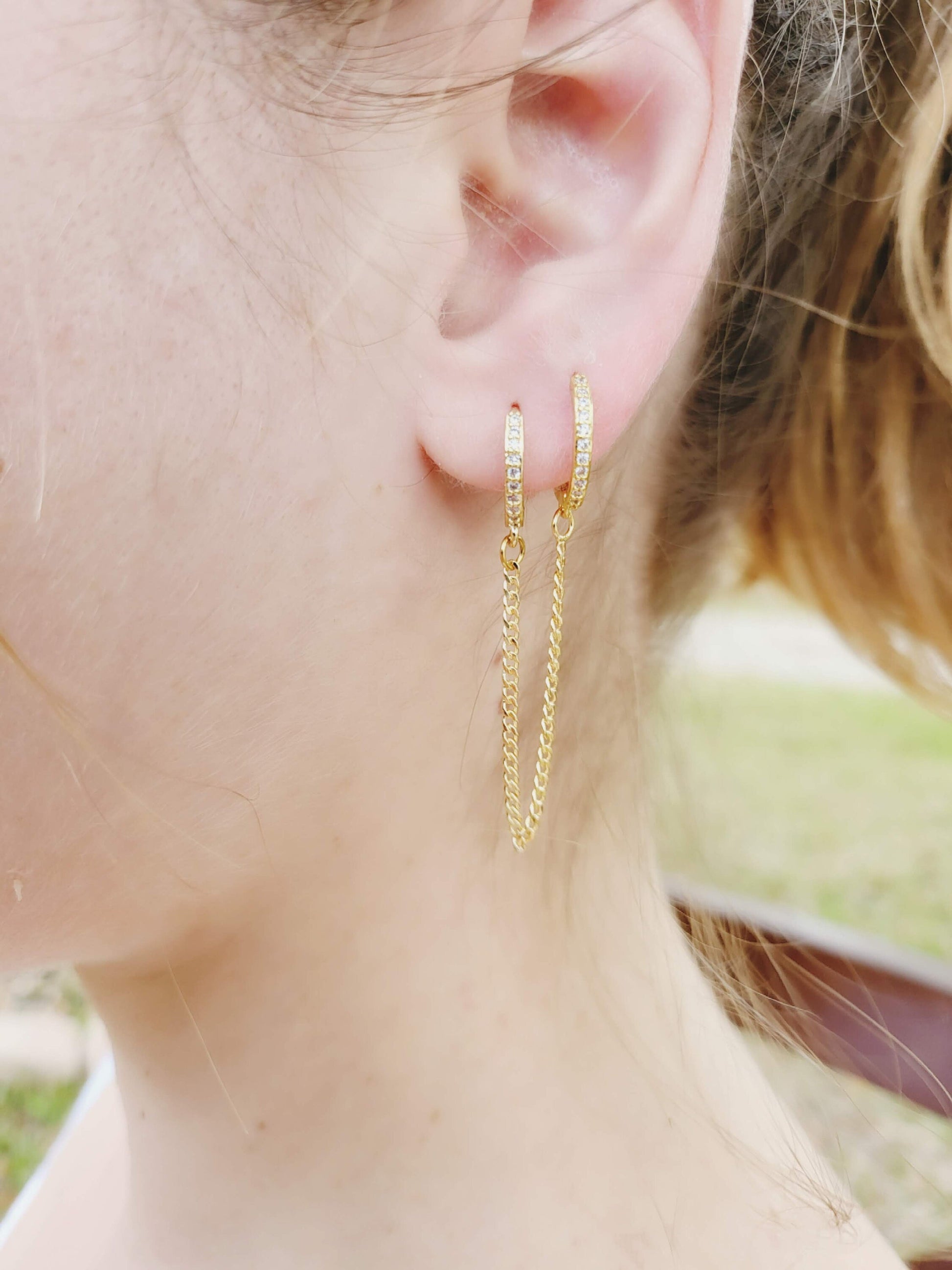 Gold FILLED- Silver Chain Earrings , Double Piercing Earrings , Connected Earrings , WATERPROOF ,Pair Connected Hoops .