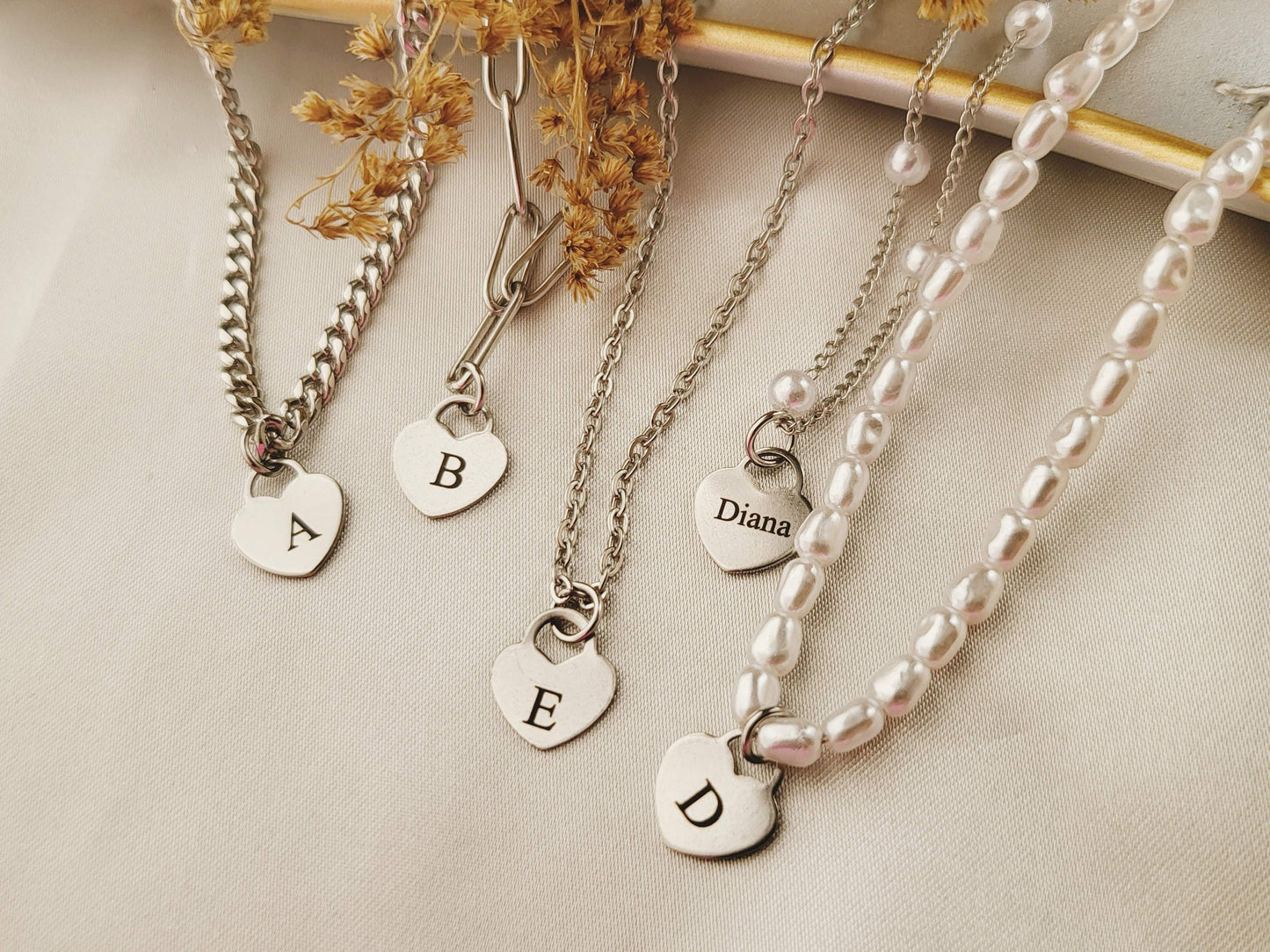 Custom Silver Initial Name Heart Necklace, WATERPROOF Adjustable Chains.