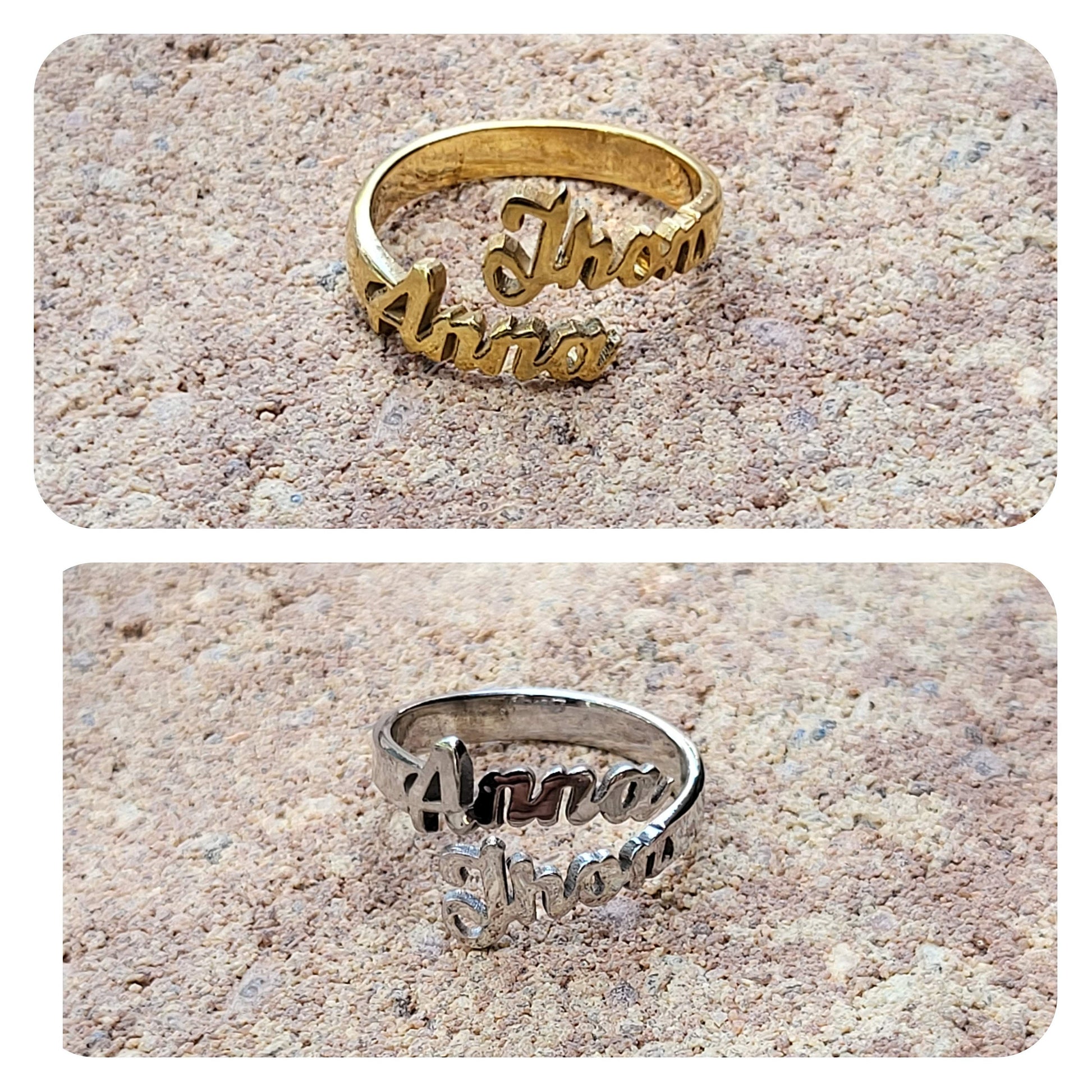 Sterling silver Name ring , Gold Double name ring ,Waterproof , Everyday Jewelry .