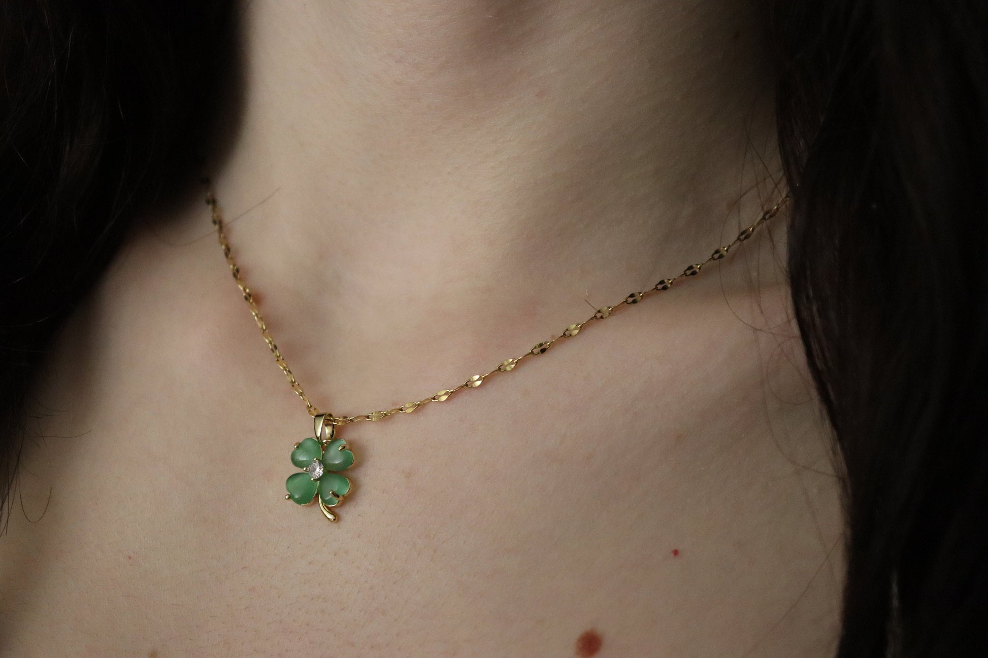 Gold Filled Clover Natural Jade Necklace, WATERPROOF Adjustable Chains.