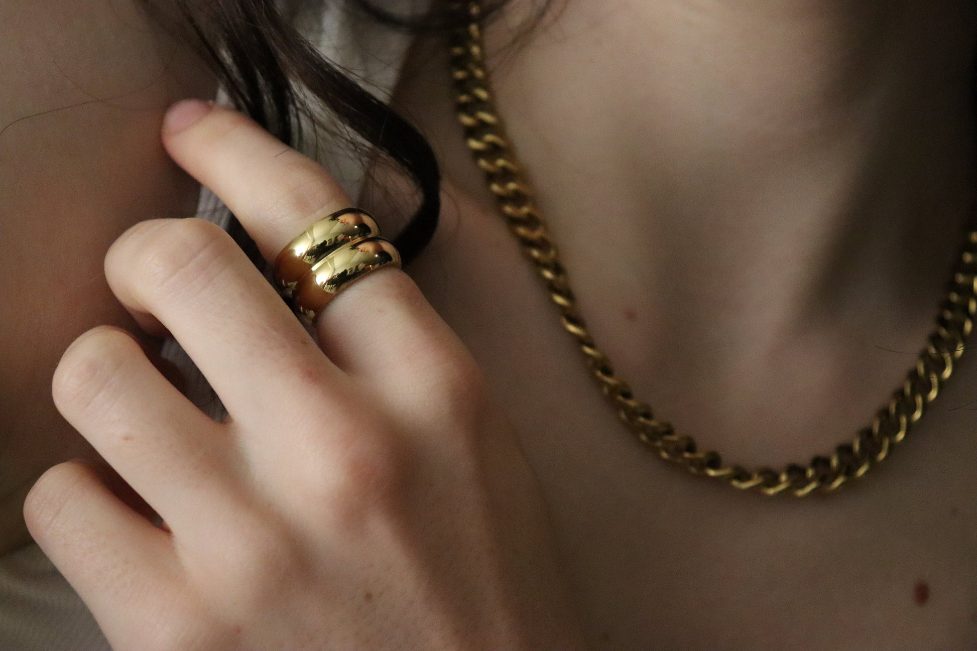 Gold Double Layered Chunky Ring , Waterproof , Everyday Jewelry .