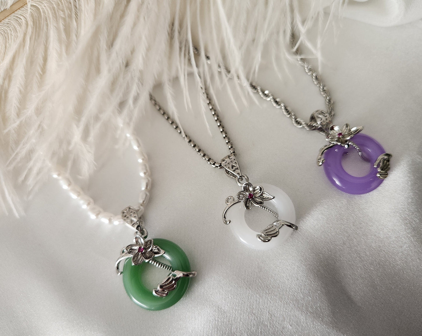 Silver Natural Circle Flower Jade Necklace, WATERPROOF Adjustable Chains.