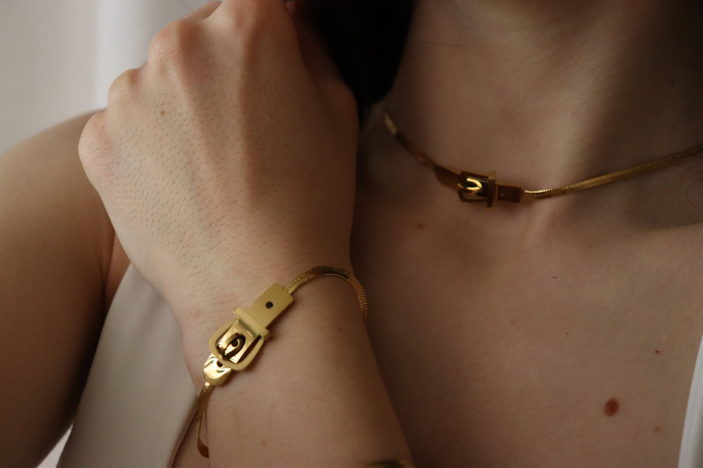 18K Gold Filled Herringbone Locked Necklace, Snake Bracelet.