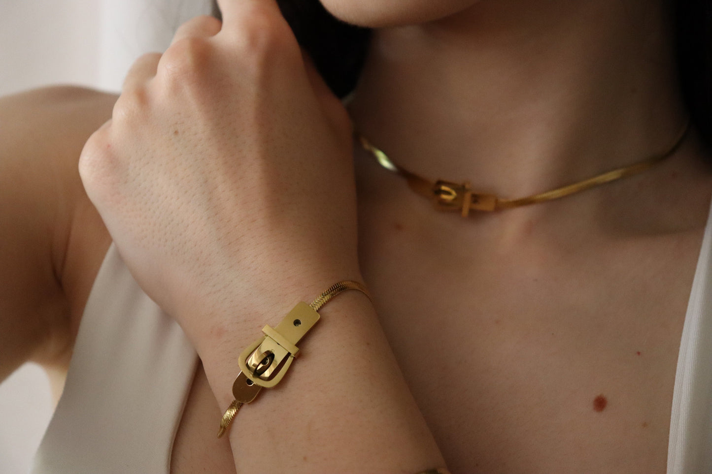 18K Gold Filled Herringbone Locked Necklace, Snake Bracelet.