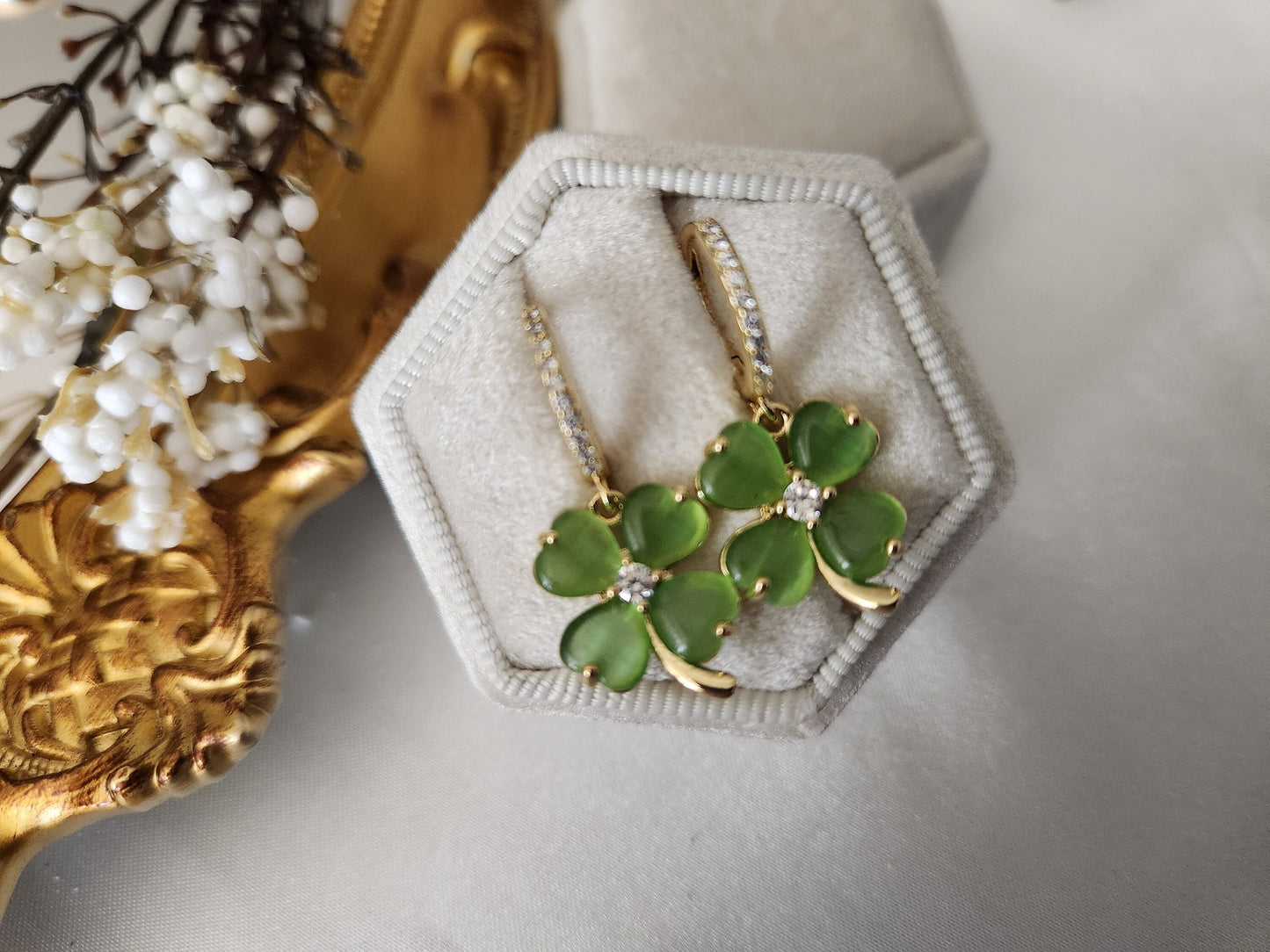 Gold Filled Clover Natural Jade Earrings , Necklaces, WATERPROOF Clover Set.