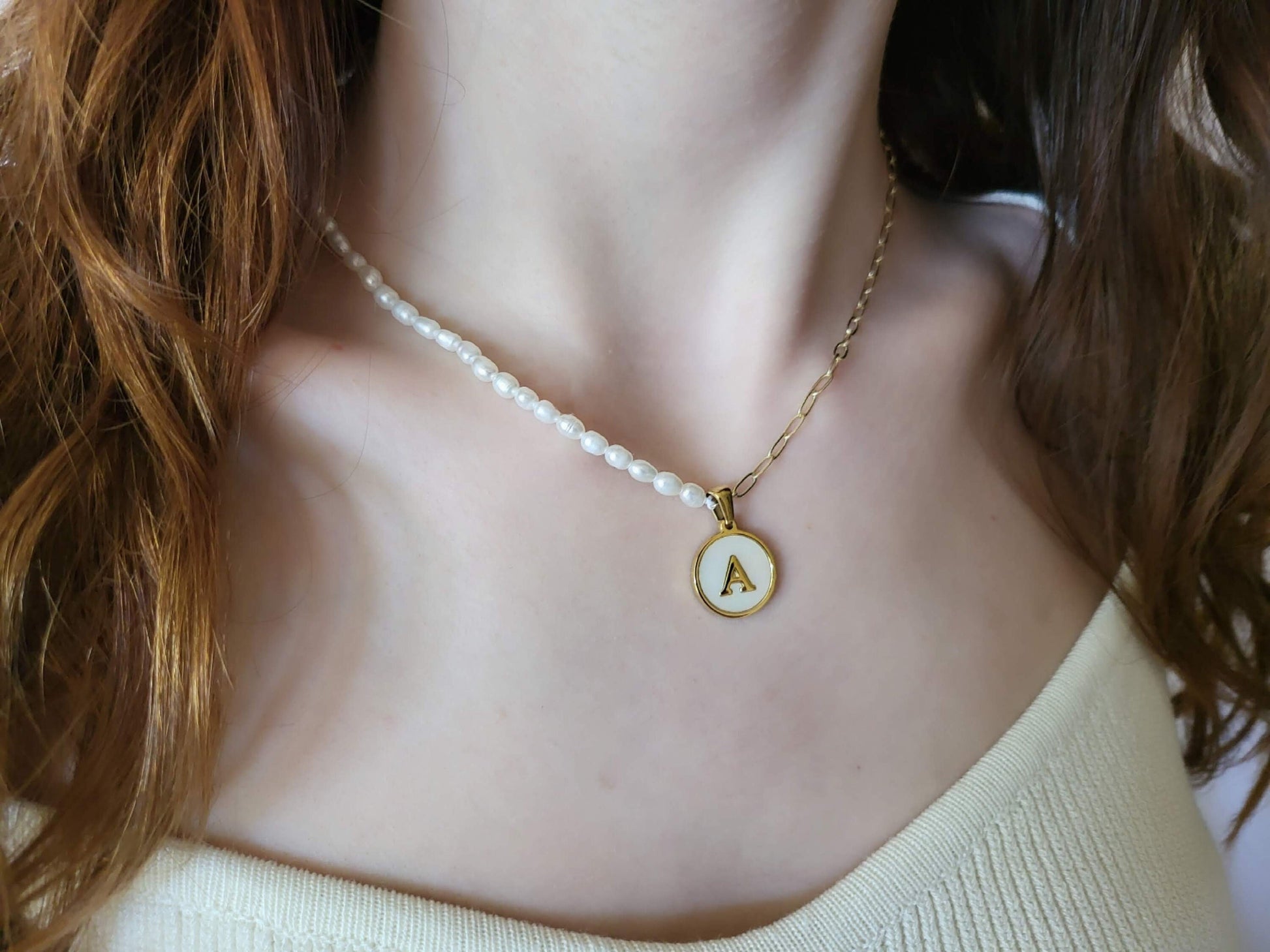 Gold Filled Tiny Link Real Pearl Initial Necklace, WATERPROOF, Gift For Her.