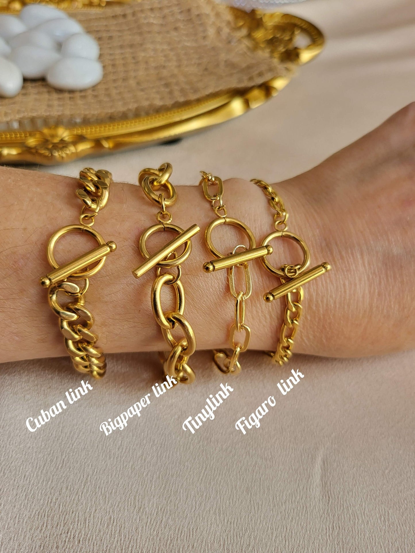 Gold FilIed Name Bracelet, Custom Family Charm Bracelet, Non Tarnish Toggle Claps Chain Bracelet, WATERPROOF.