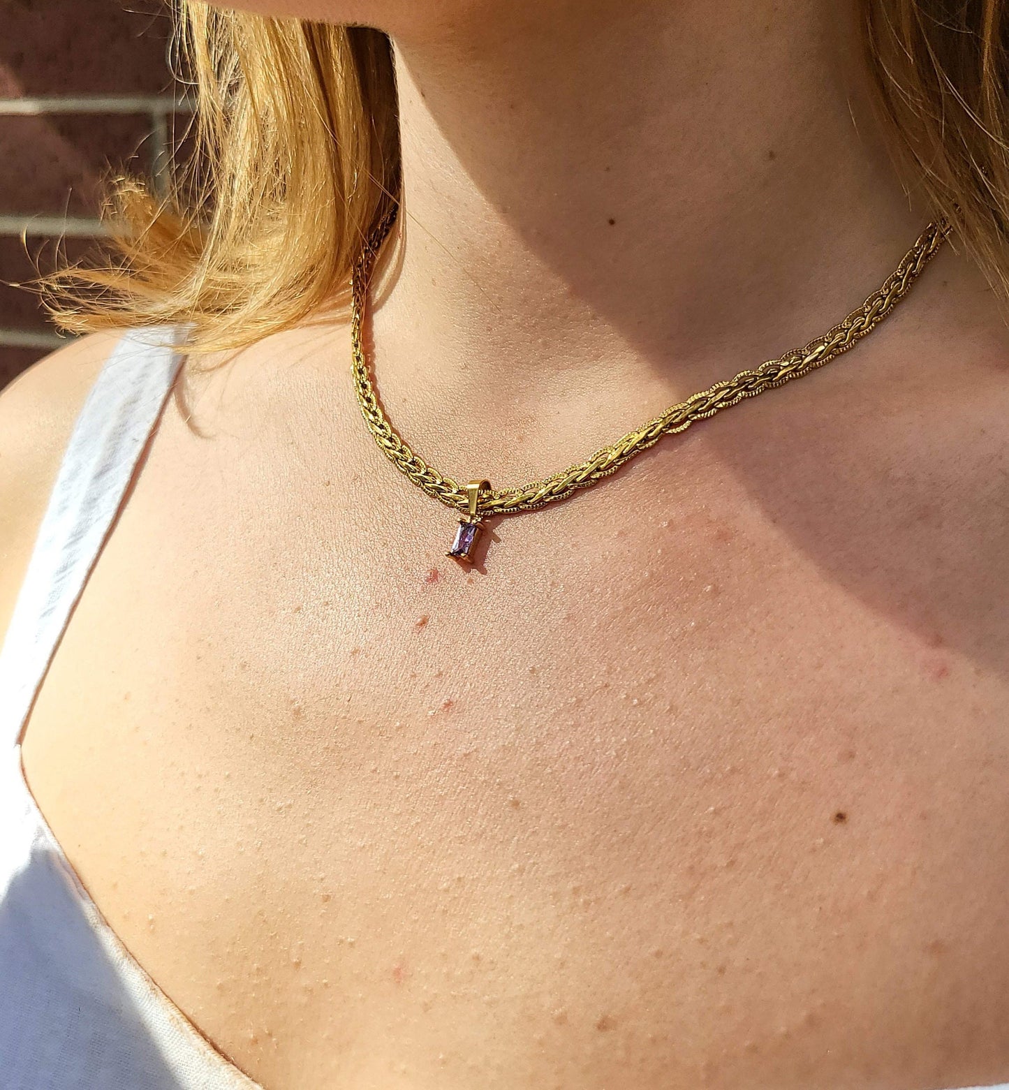 Gold Filled Snake Chain Necklace,Square Zircon Pendant Necklace,WATERPROOF.