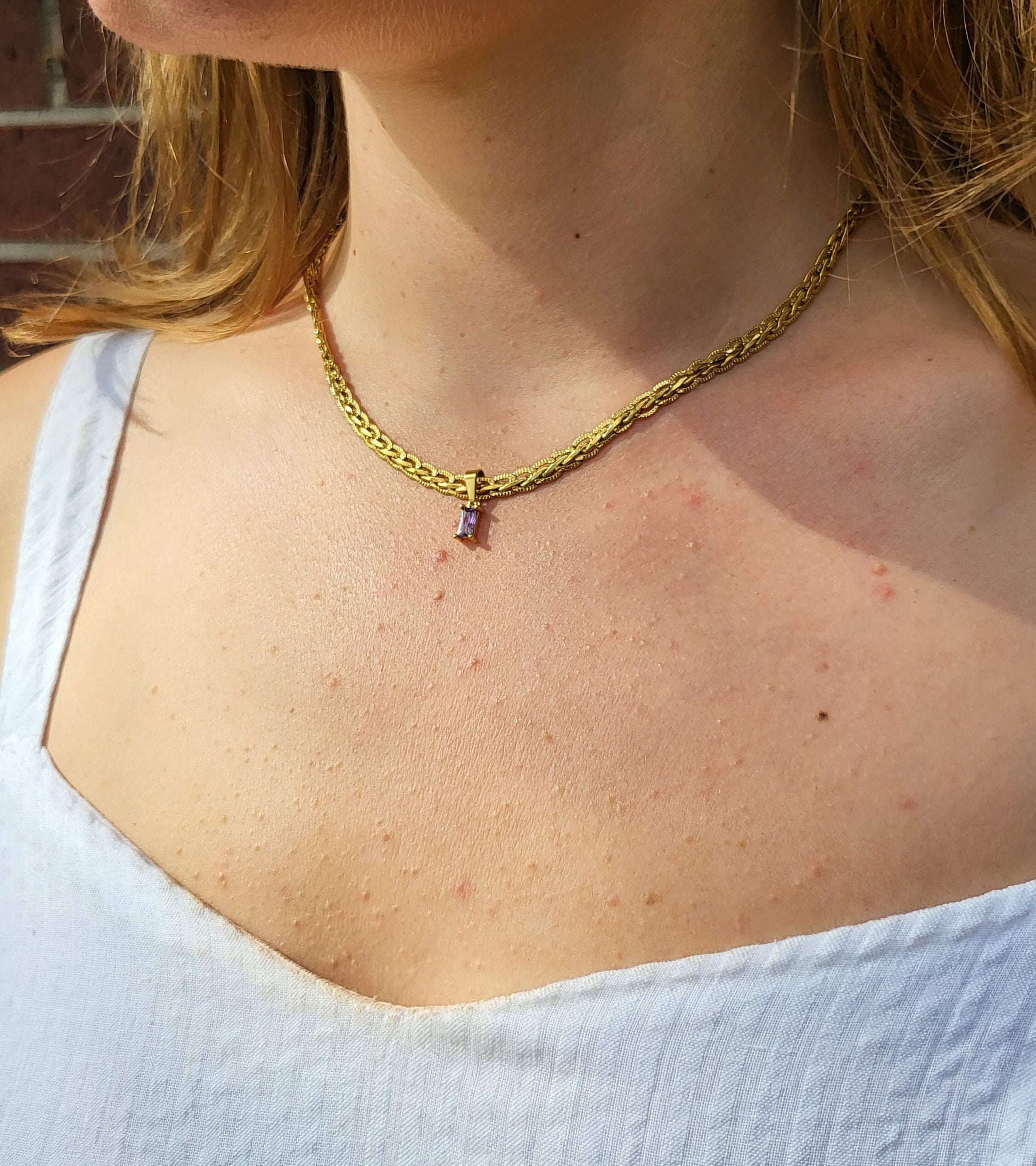 Gold Filled Snake Chain Necklace,Square Zircon Pendant Necklace,WATERPROOF.