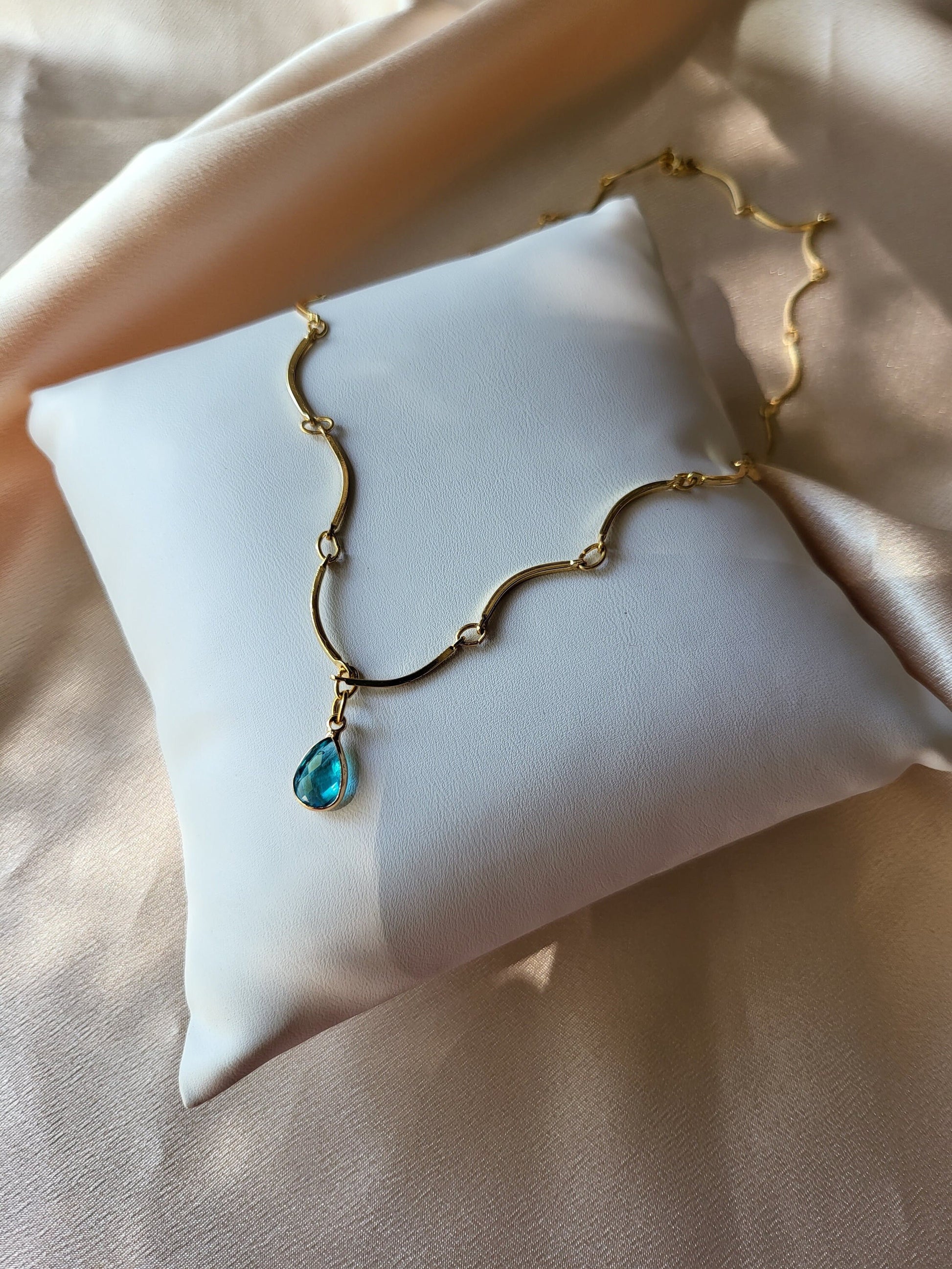 Gold Filled Half Moon Chain Necklace, Birthstone Necklace,WATERPROOF.