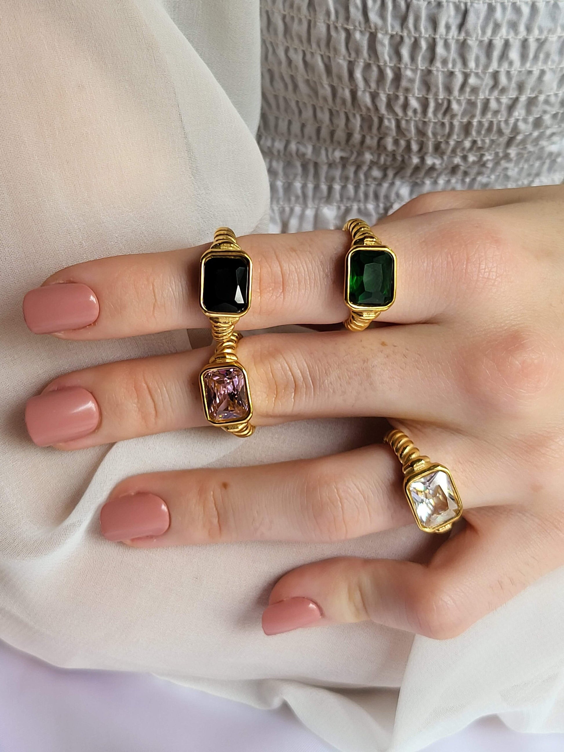 Gold Filled Emerald, Black ,Pink Signet Ring , Waterproof , High Quality, Birthday Gift.