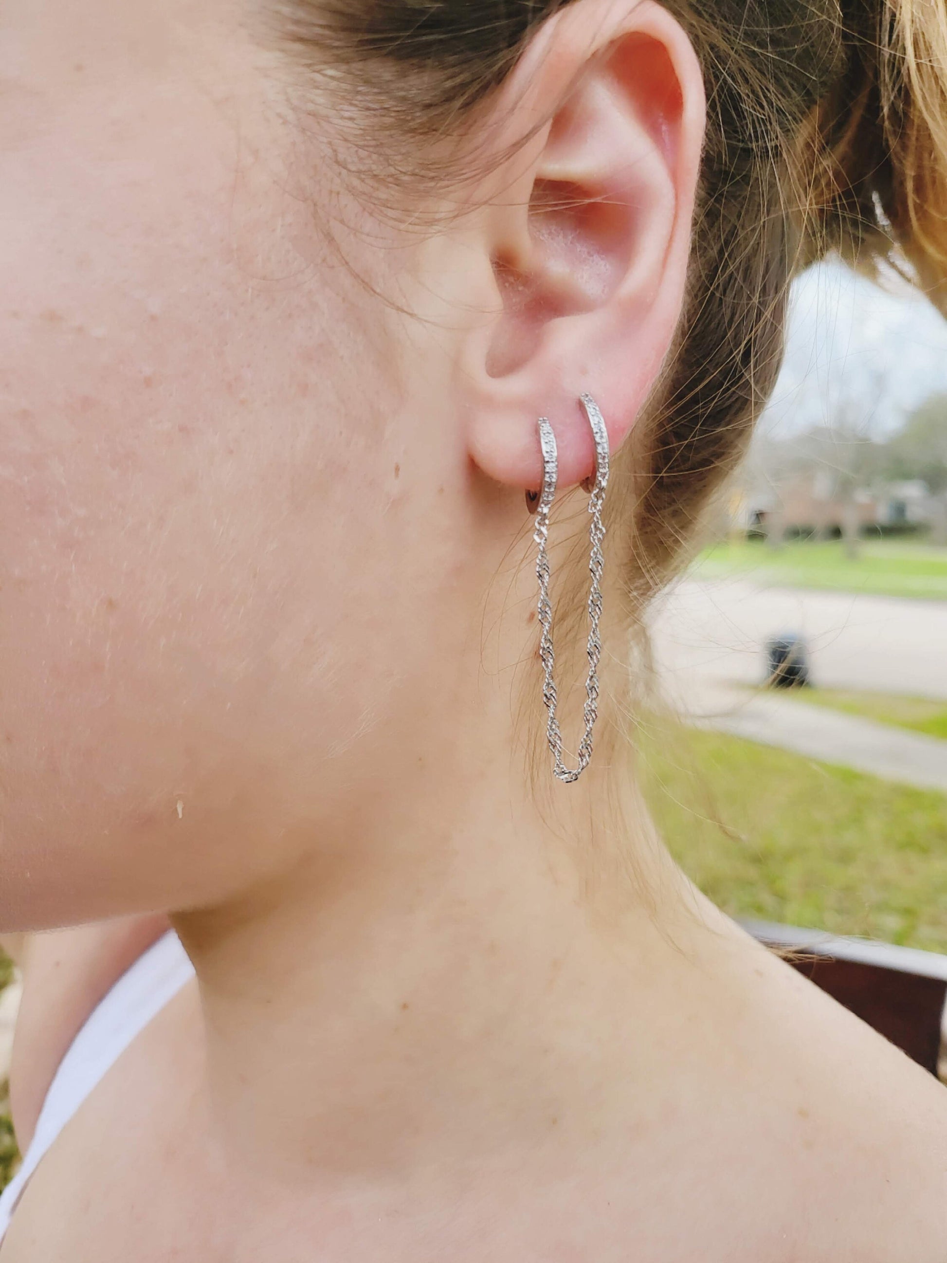 Gold FILLED- Silver Chain Earrings , Double Piercing Earrings , Connected Earrings , WATERPROOF ,Pair Connected Hoops .