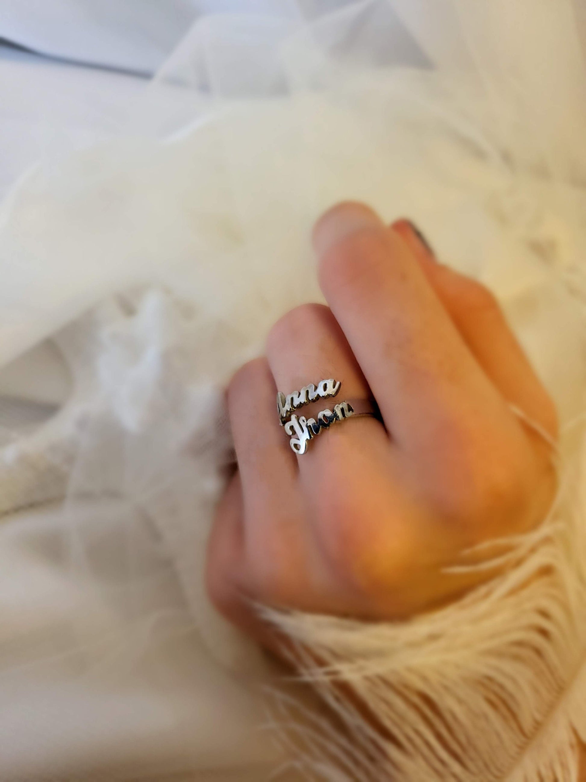 Sterling silver Name ring , Gold Double name ring ,Waterproof , Everyday Jewelry .