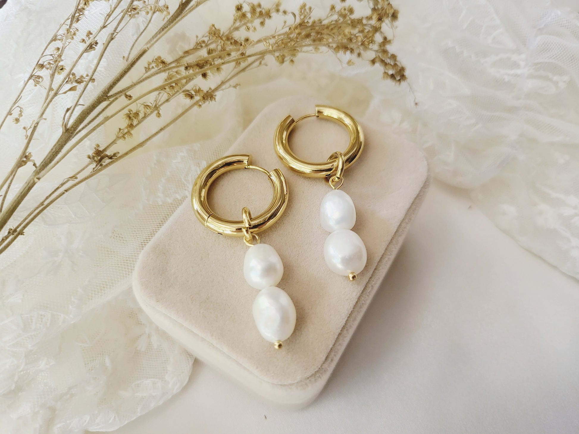 Gold Pearl Hoop Earrings , Waterproof , High Quality.