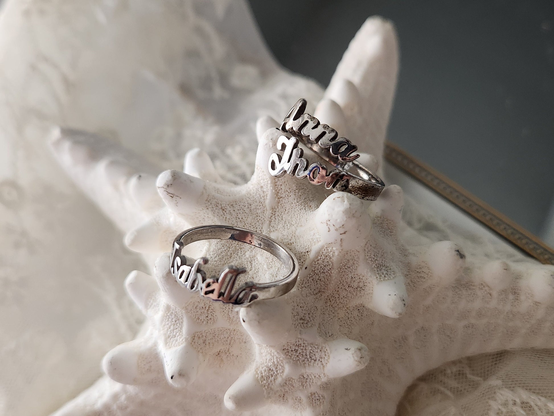 Sterling silver Name ring , Gold Double name ring ,Waterproof , Everyday Jewelry .