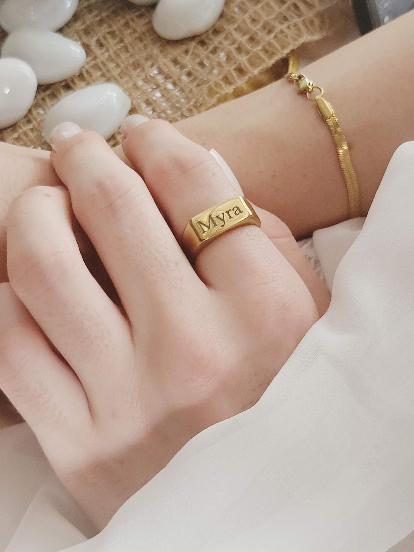 Custom Gold Filled Engraved Rectangle Ring, Waterproof , High Quality Gift.