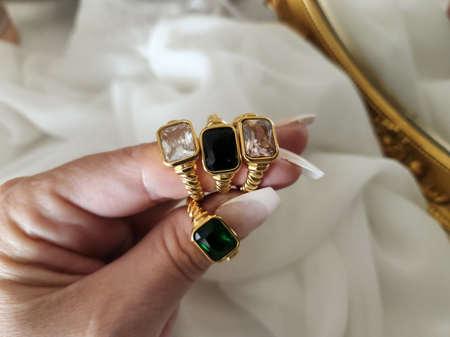 Gold Filled Emerald, Black ,Pink Signet Ring , Waterproof , High Quality, Birthday Gift.