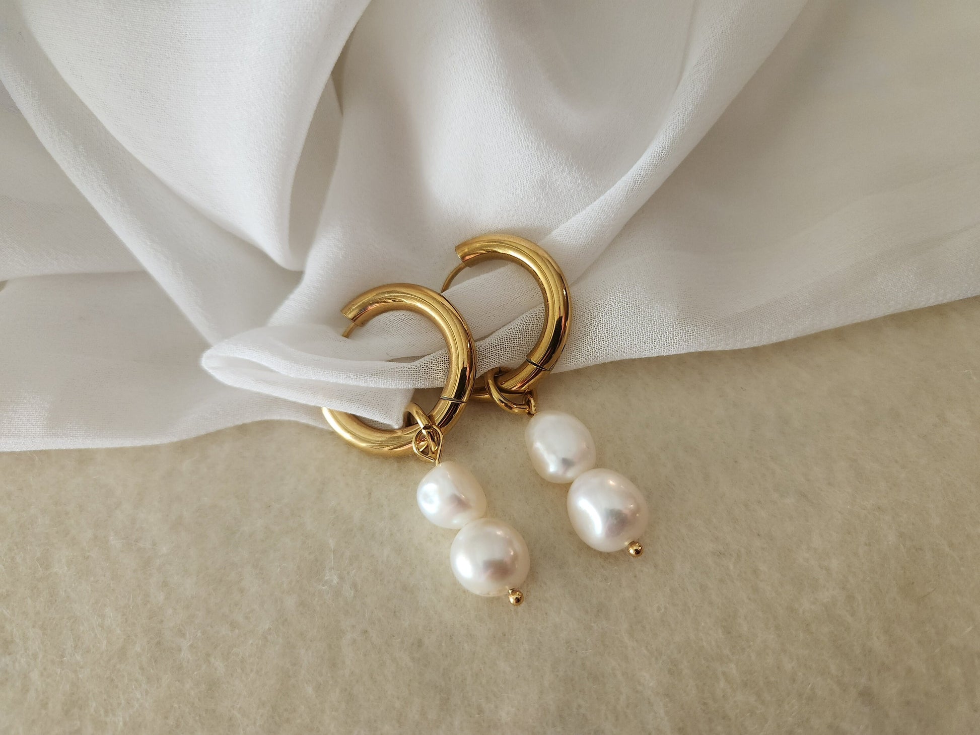 Gold Pearl Hoop Earrings , Waterproof , High Quality.