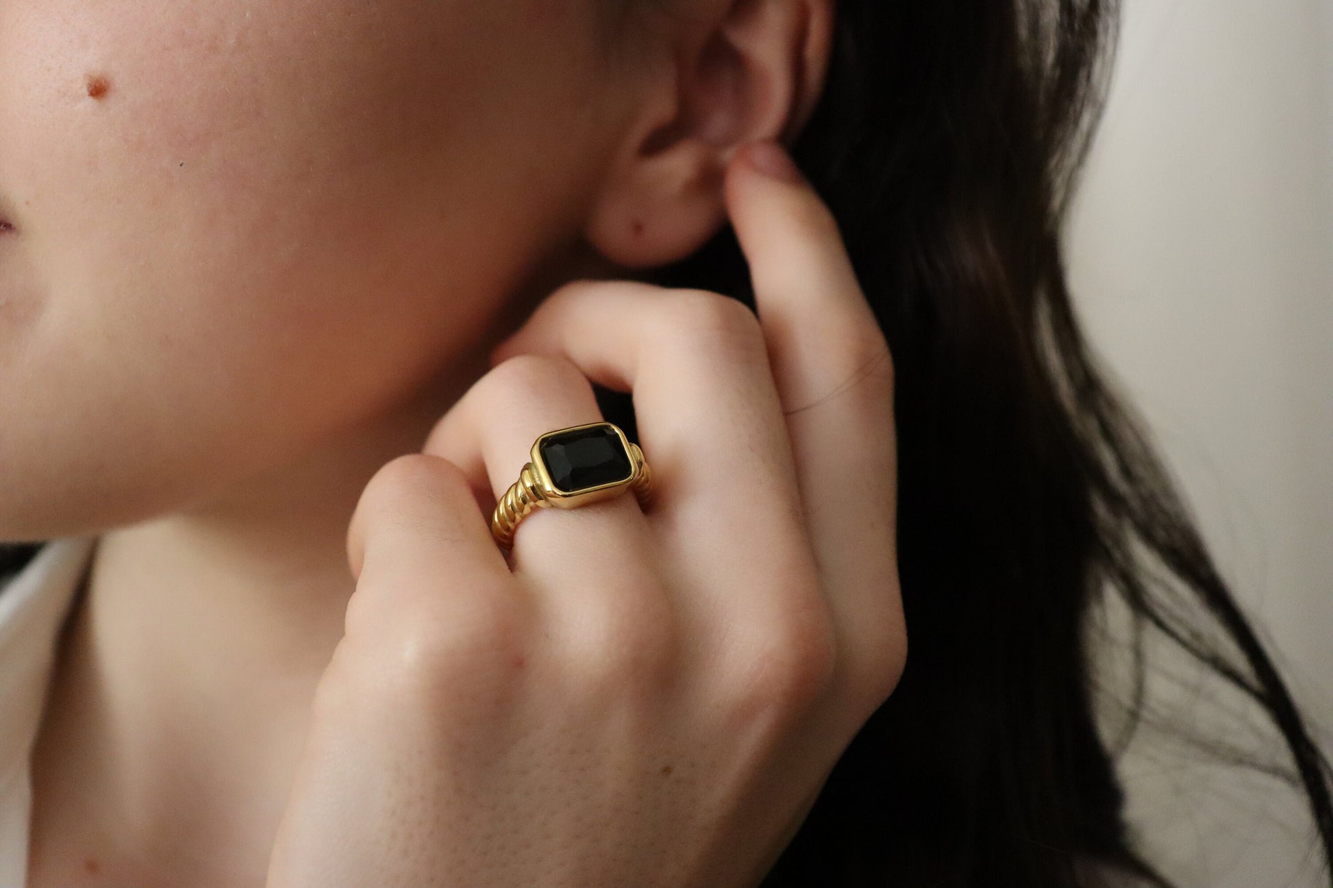 Gold Filled Emerald, Black ,Pink Signet Ring , Waterproof , High Quality, Birthday Gift.