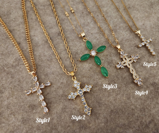 Genuine Diamond Cross, Diamond Cross Necklace, 18K Gold Diamond Cross Pendant Dainty, Green Jade Cross, WATERPROOF Adjustable Chains.