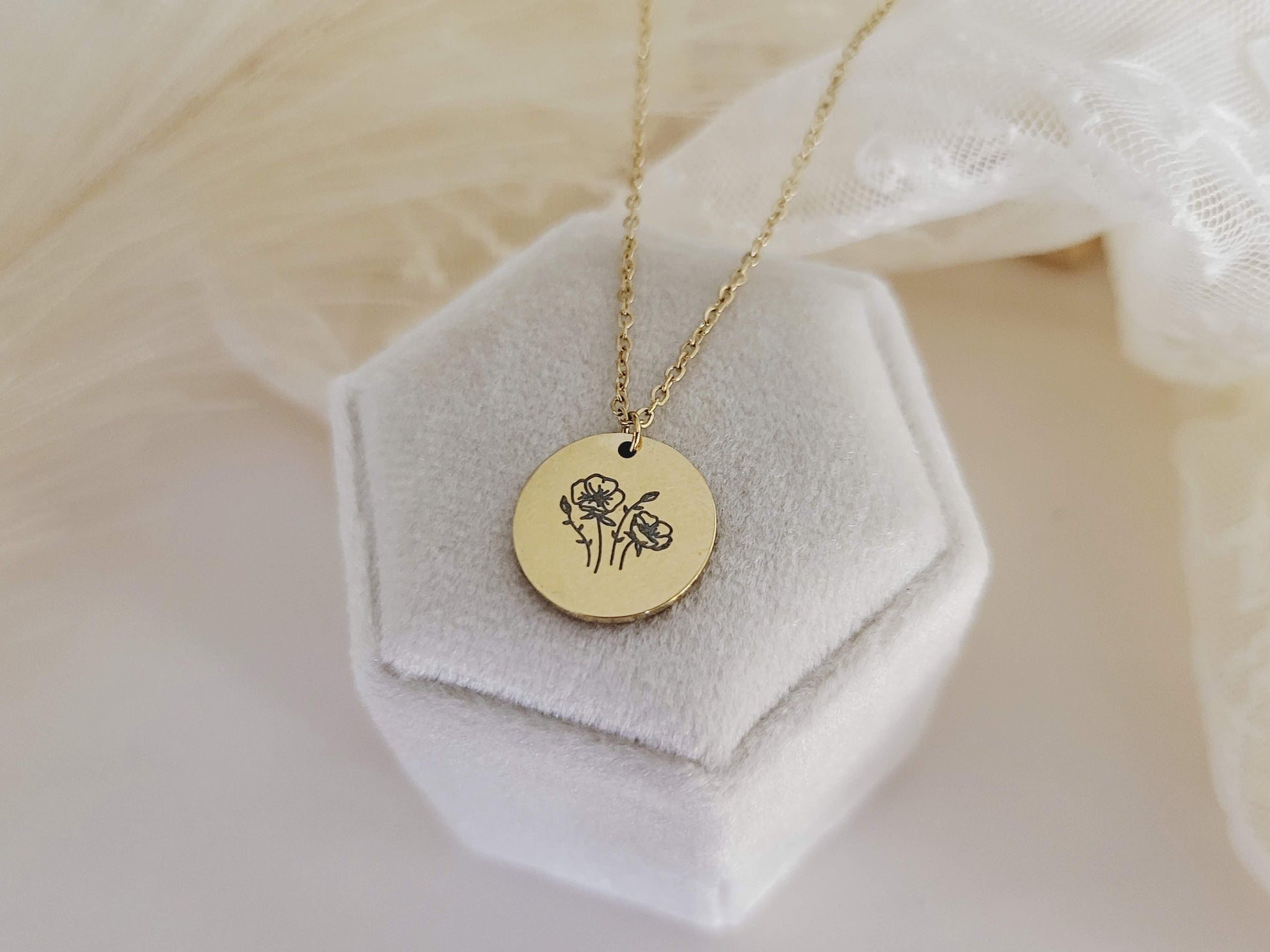 Gold Filled Custom Engraved Birth Month Flower Necklace, WATERPROOF, Birthday Gift.