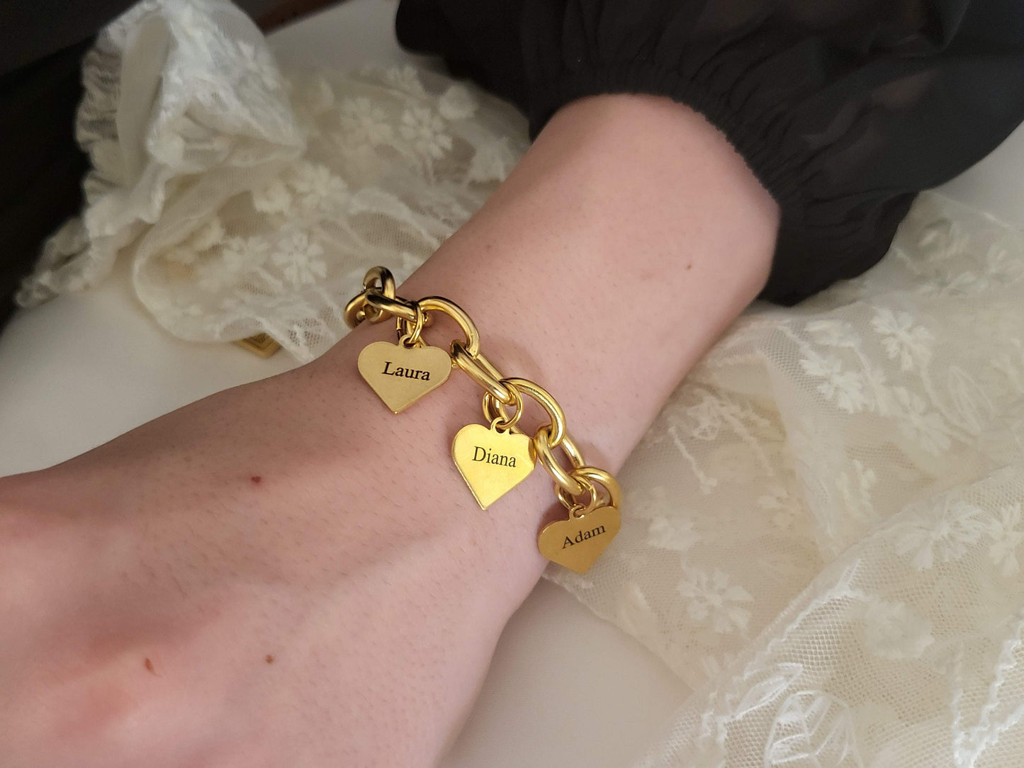 Gold FilIed Name Bracelet, Custom Family Charm Bracelet, Non Tarnish Toggle Claps Chain Bracelet, WATERPROOF.