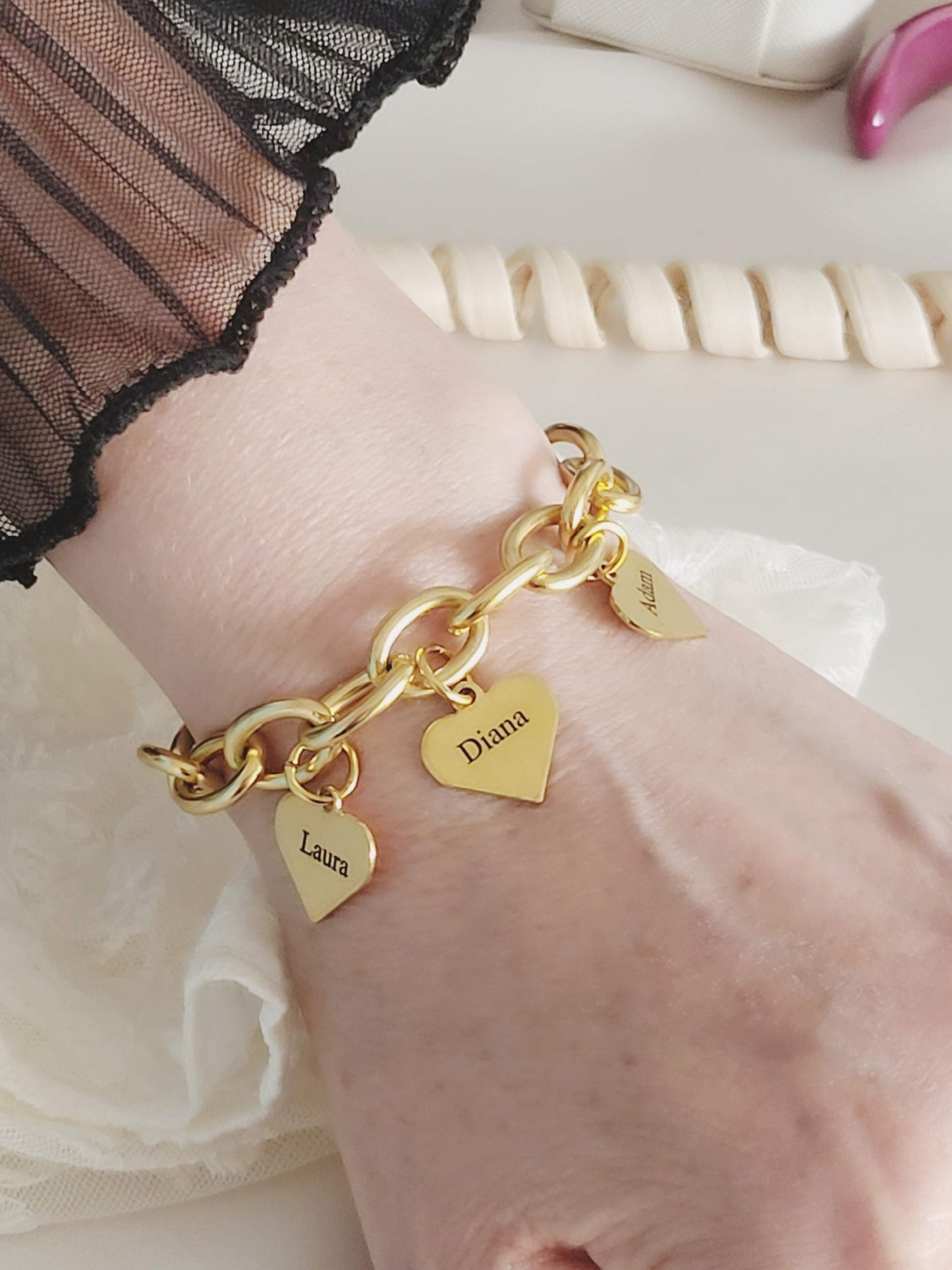 Gold FilIed Name Bracelet, Custom Family Charm Bracelet, Non Tarnish Toggle Claps Chain Bracelet, WATERPROOF.