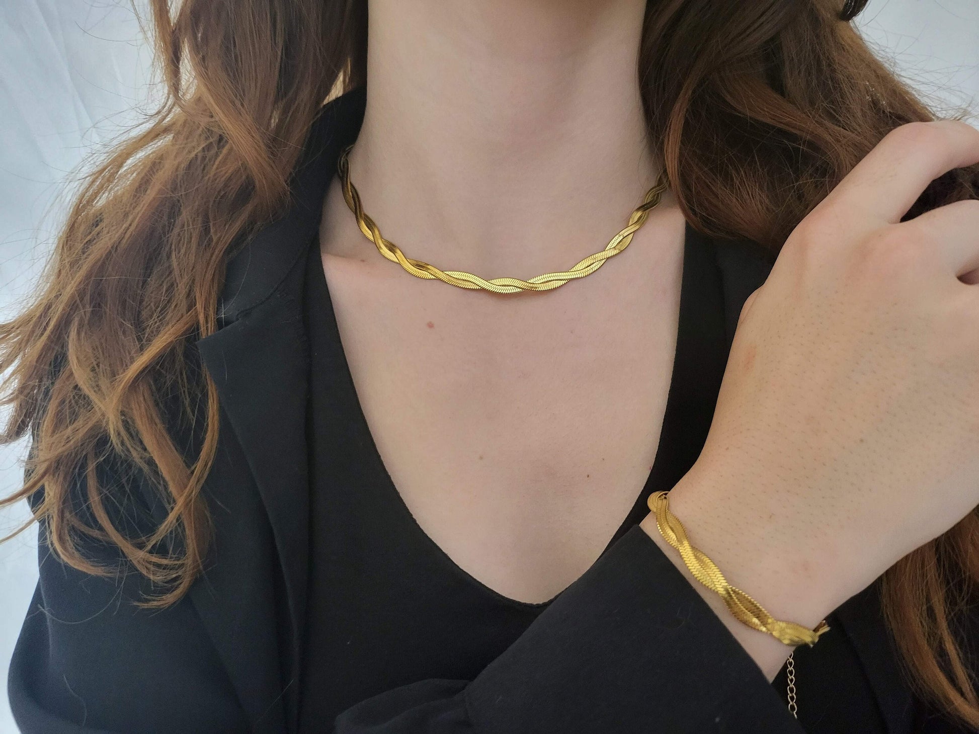 Gold Filled Double Braid Herringbone Choker , Snake Bracelet.