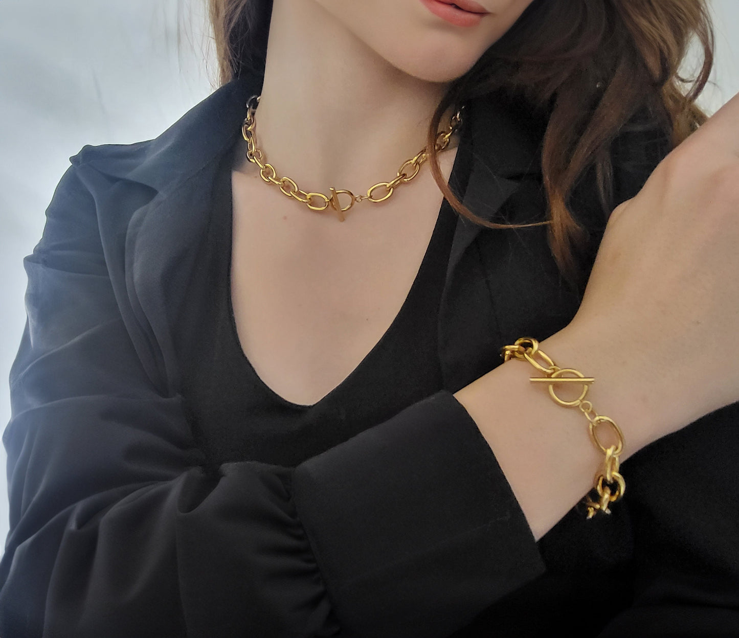 Gold Filled Non Tarnish Toggle Claps Chain Necklace ,Chunky Bracelet, WATERPROOF.