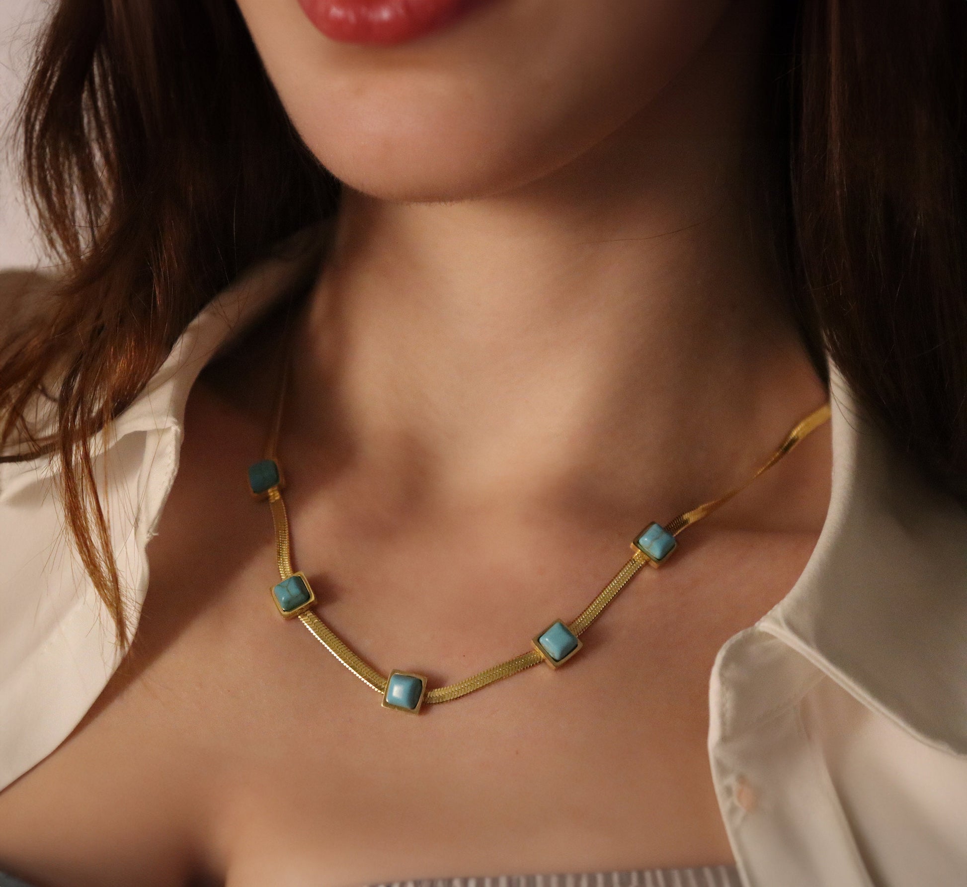 Gold Filled Turquoise Snake Chain Necklace, Gemstone Pendant Necklace, WATERPROOF.