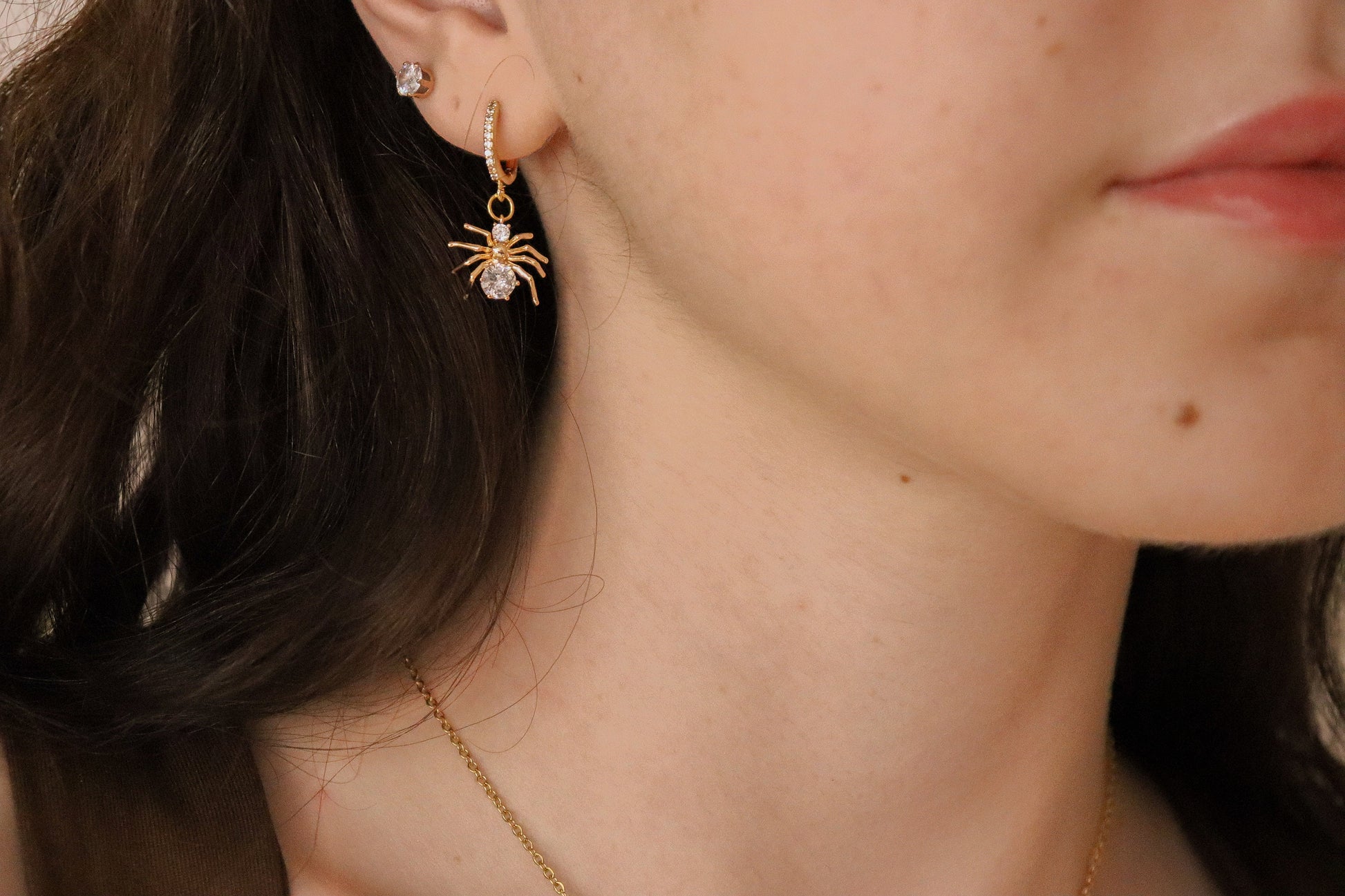 Gold Filled Spider Earrings, Spider Necklace With Adjustable Chains, Waterproof. Gift for her.